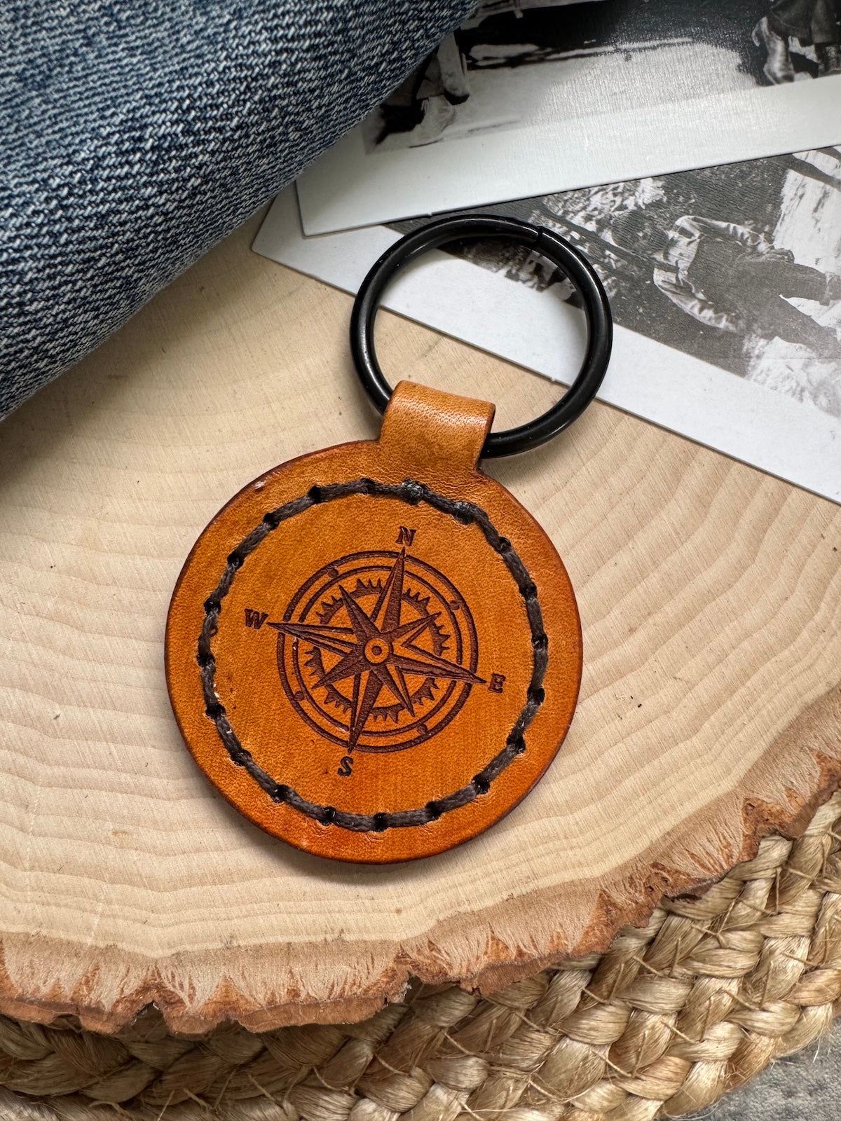 Compass Leather Keychain