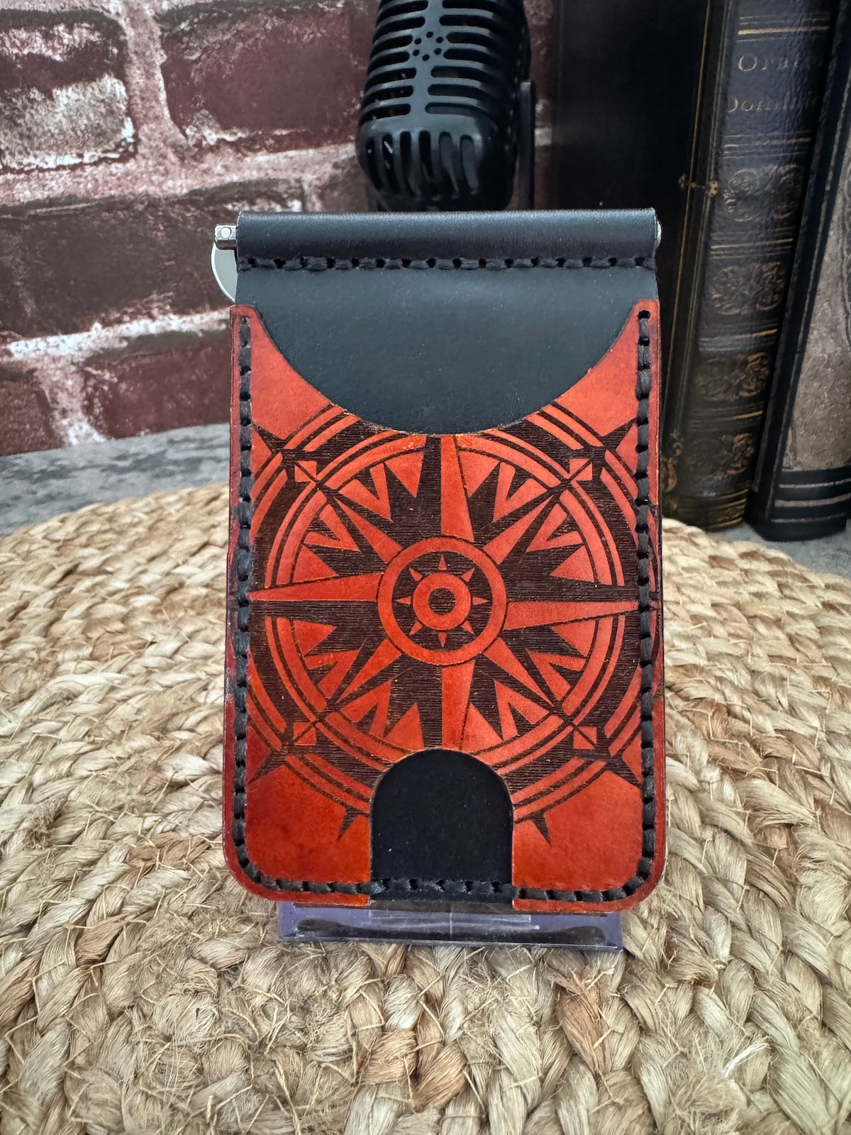 Compass Leather Wallet with Money Clip