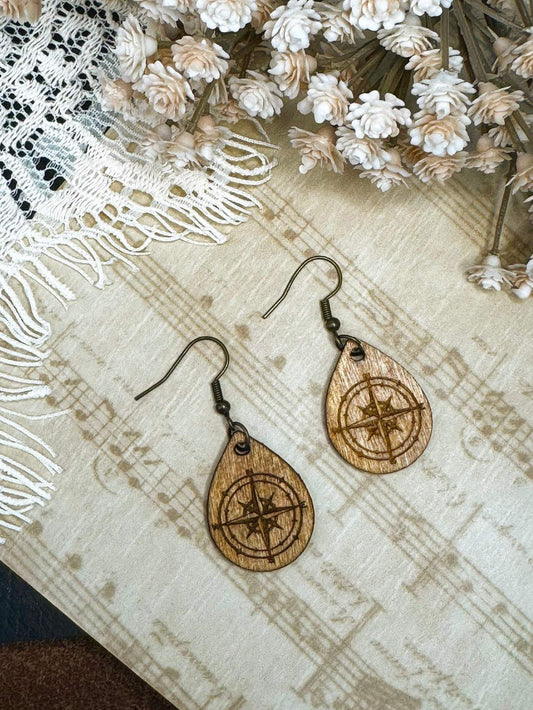 Compass Rose Teardrop Wooden Earrings