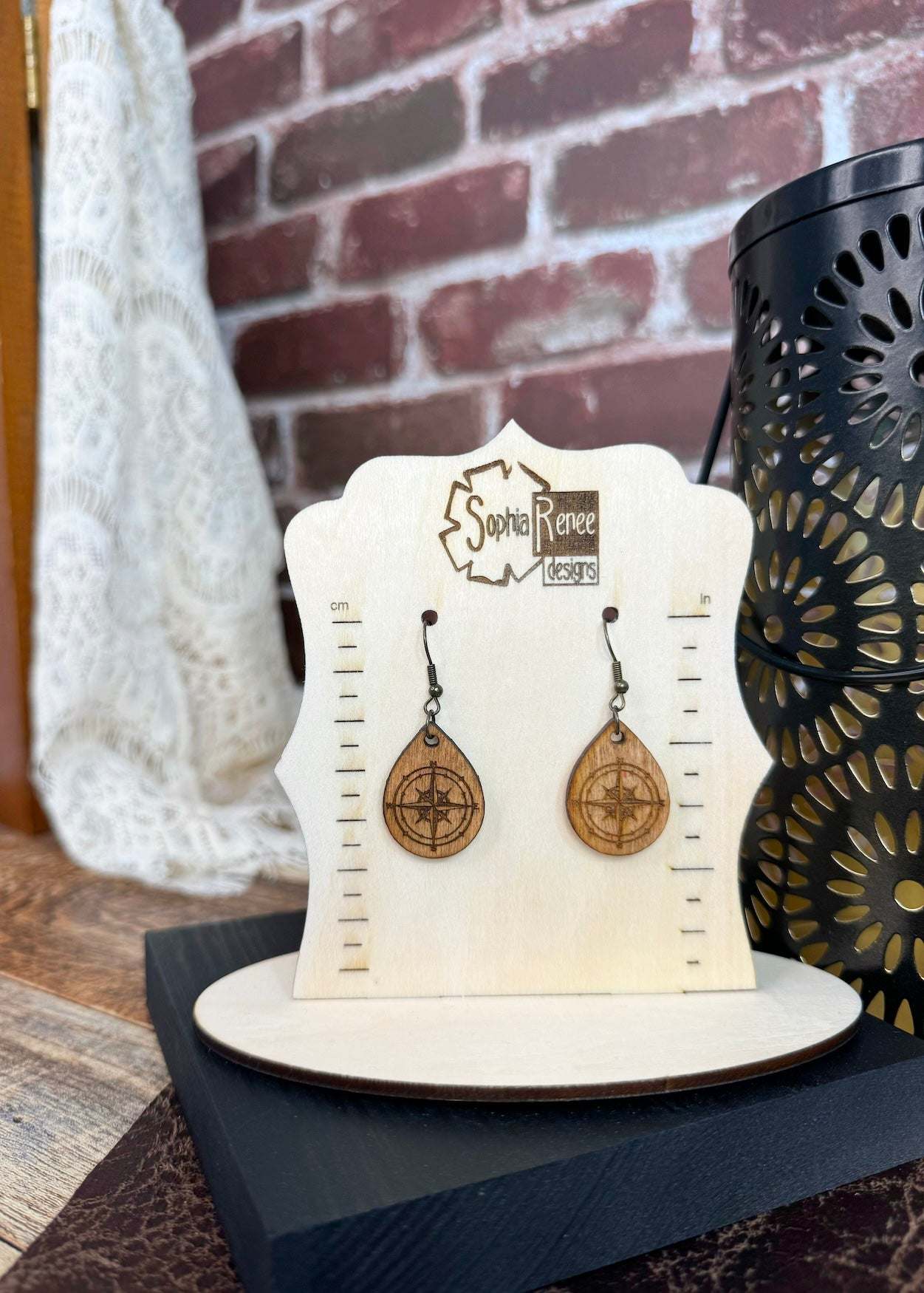 Compass Rose Teardrop Wooden Earrings