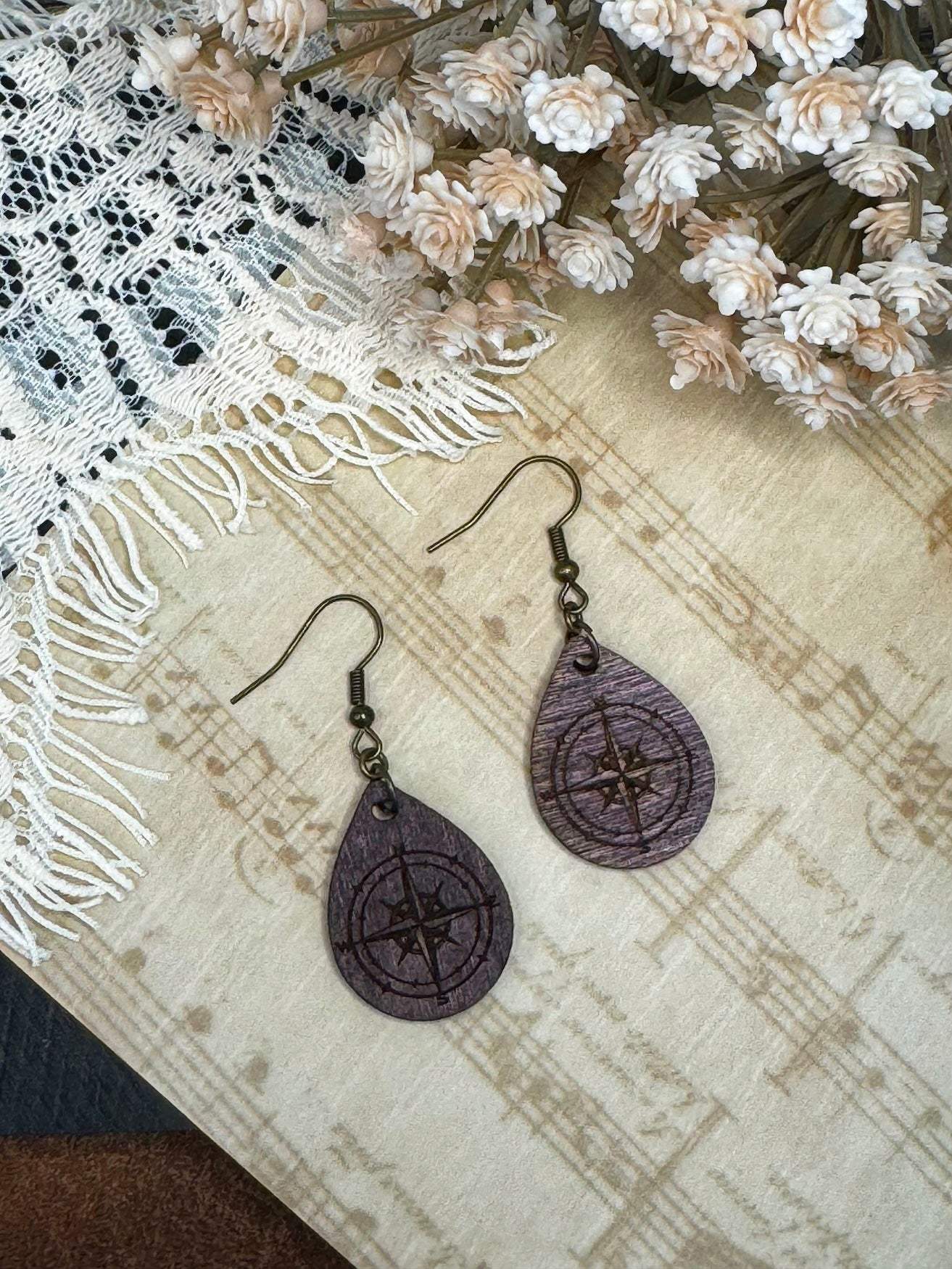 Compass Rose Teardrop Wooden Earrings