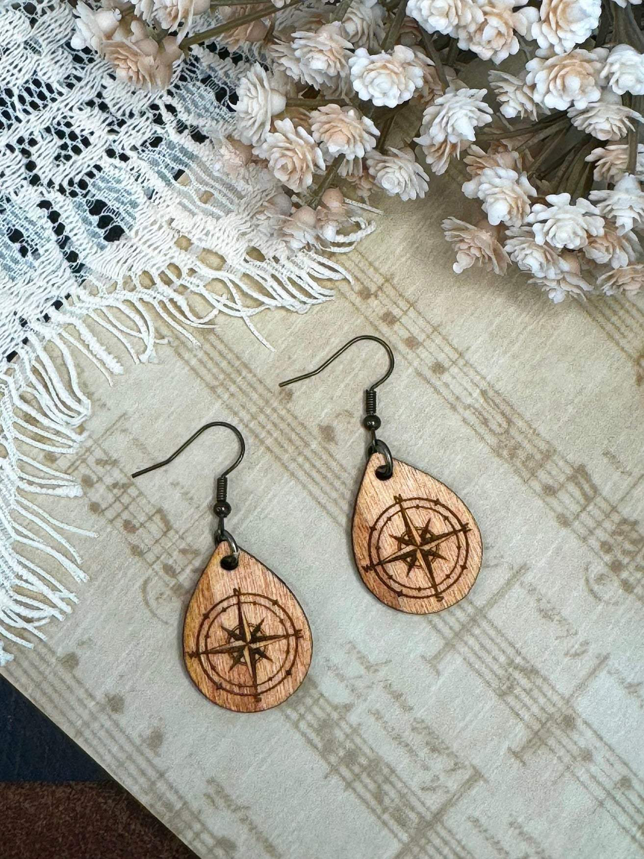 Compass Rose Teardrop Wooden Earrings