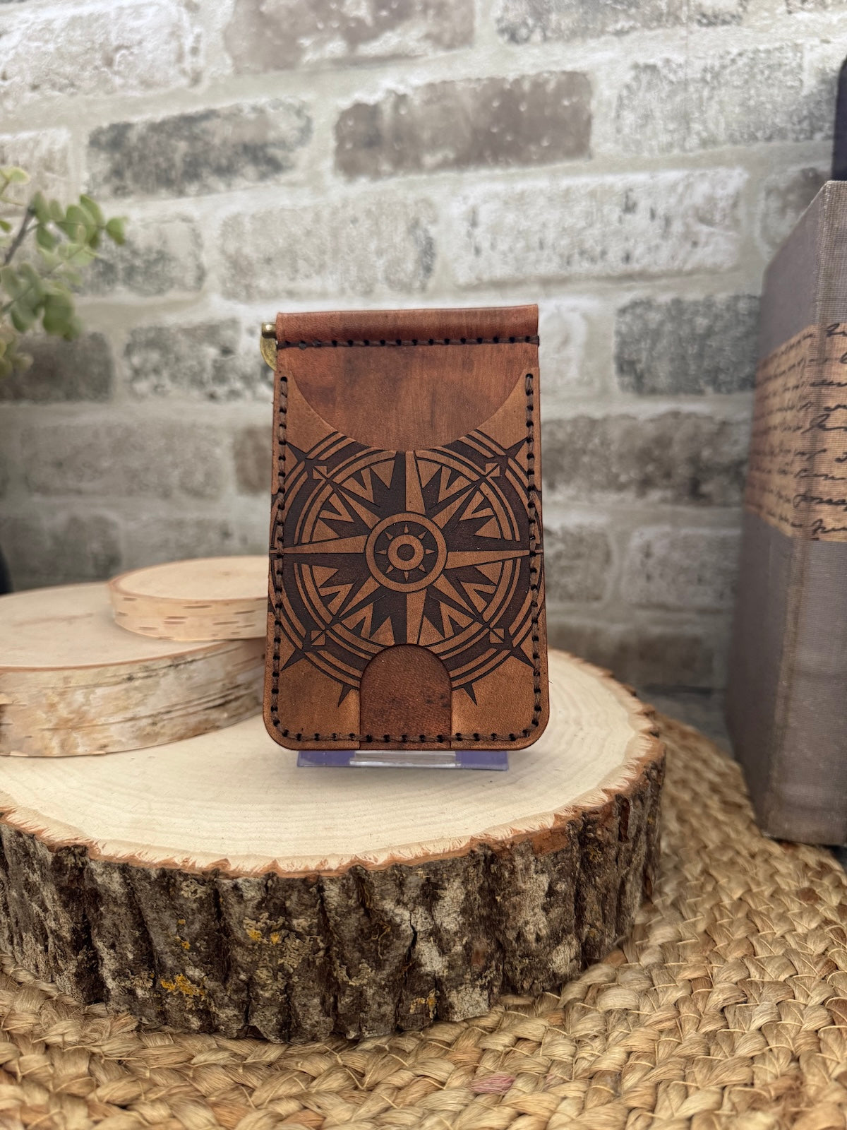 Compass Leather Wallet with Money Clip