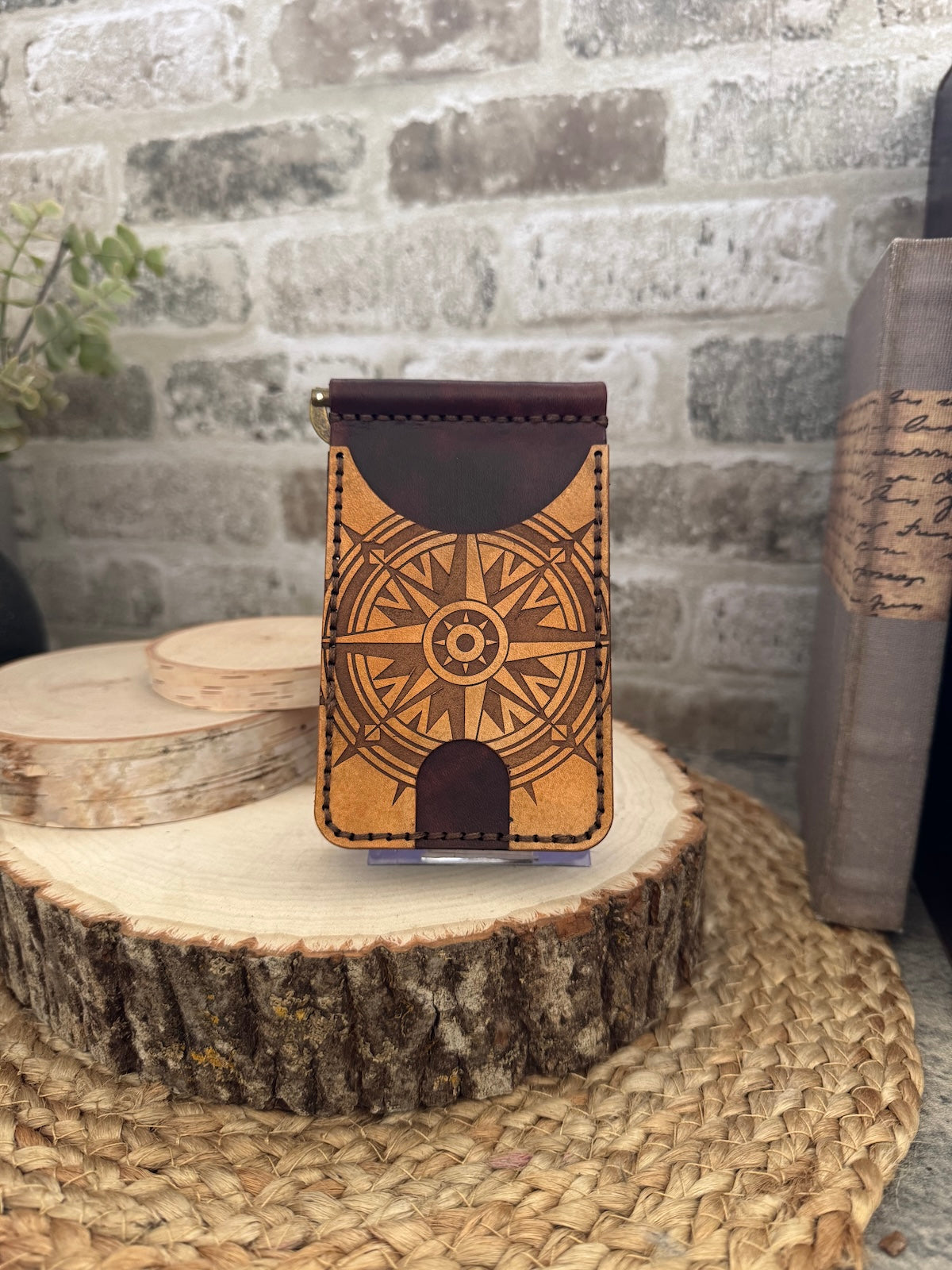 Compass Leather Wallet with Money Clip