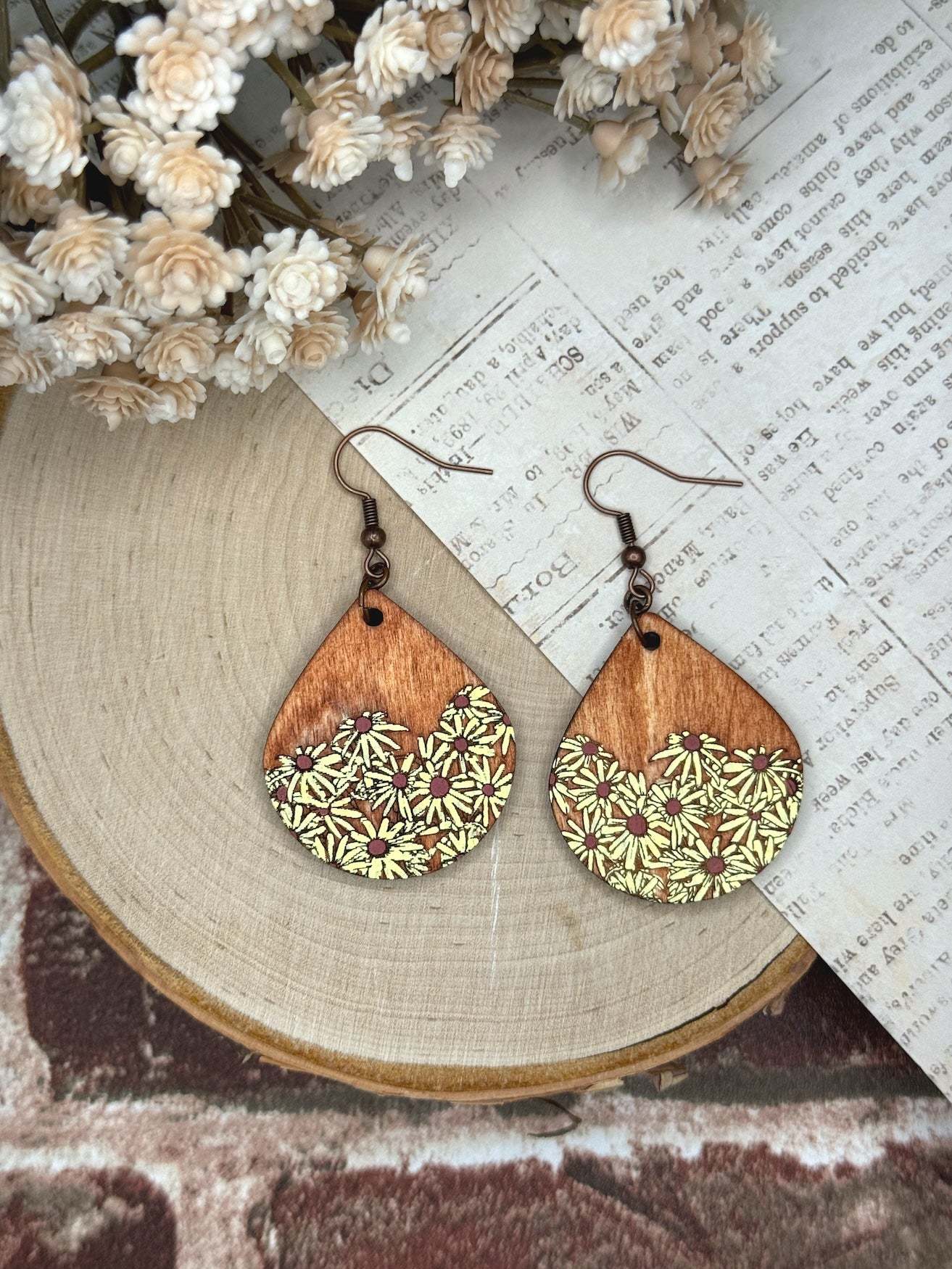 Wooden Earrings | Daisy Teardrop Wooden Earrings | Lightweight