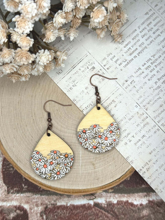 Daisy Teardrop Wooden Earrings