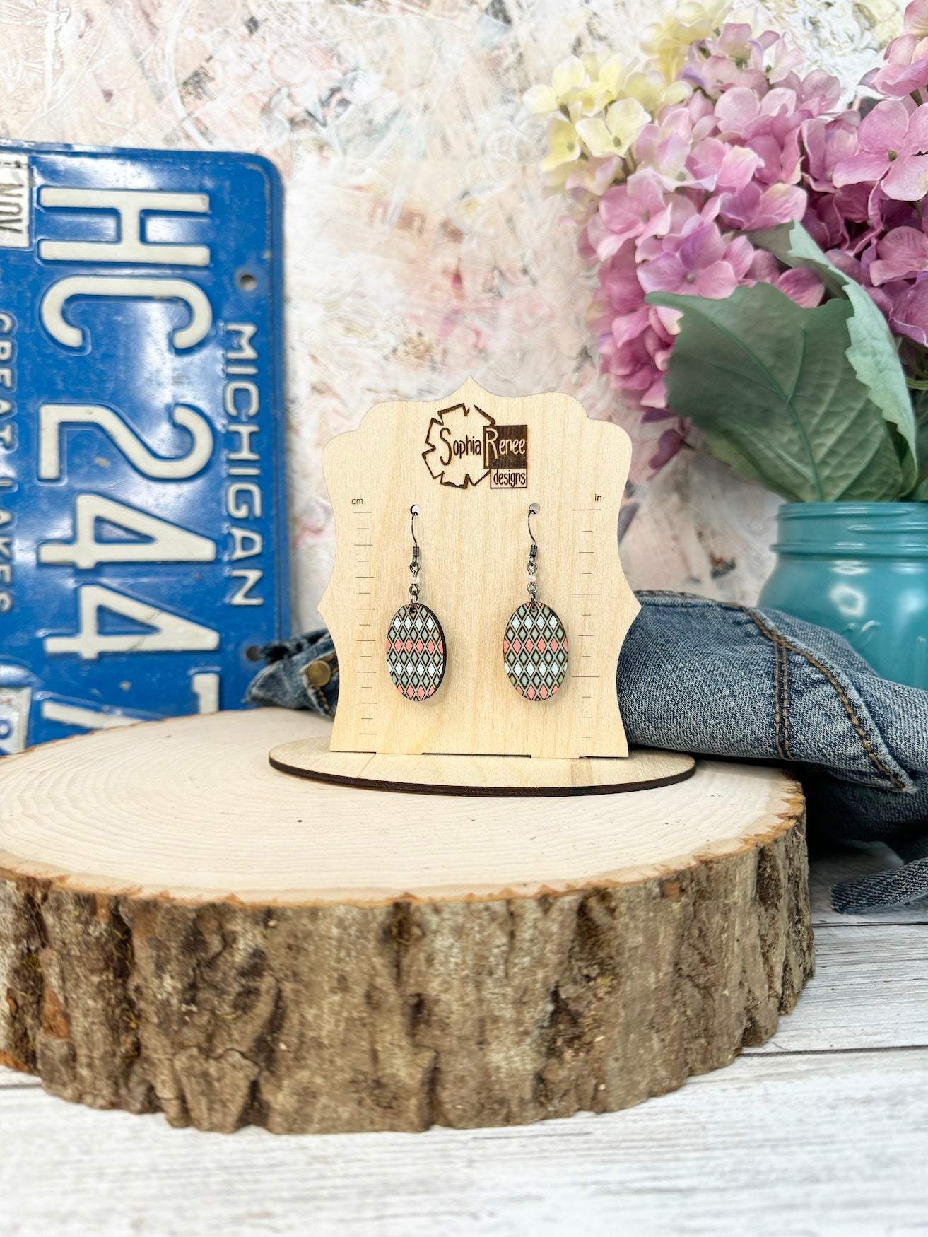 Diamond Pattern Oval Wooden Earrings