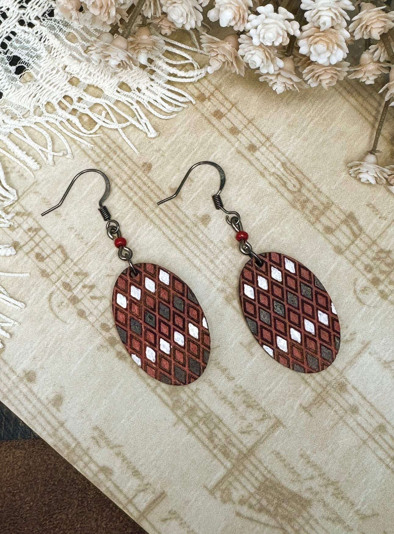 Diamond Pattern Oval Wooden Earrings