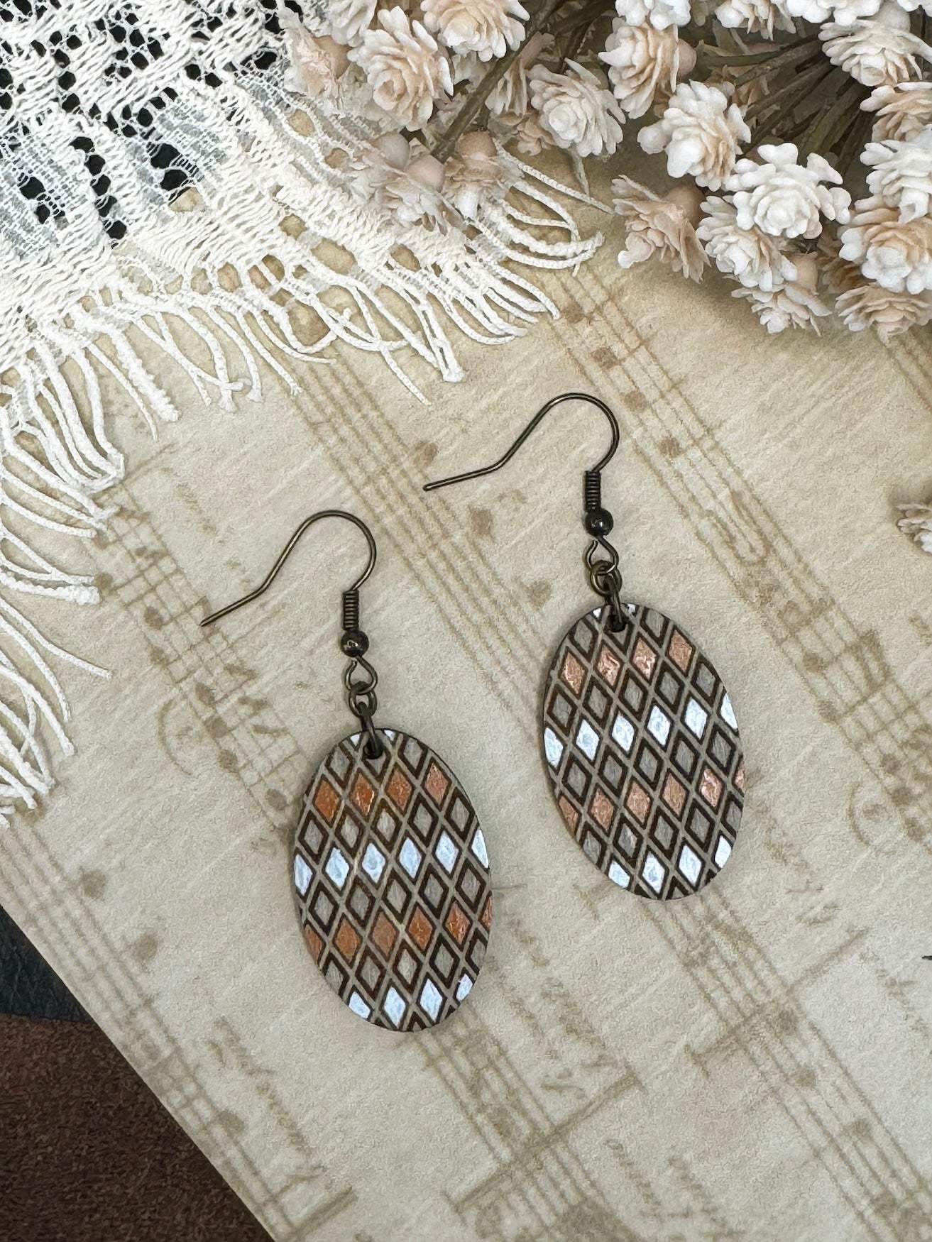Diamond Pattern Oval Wooden Earrings