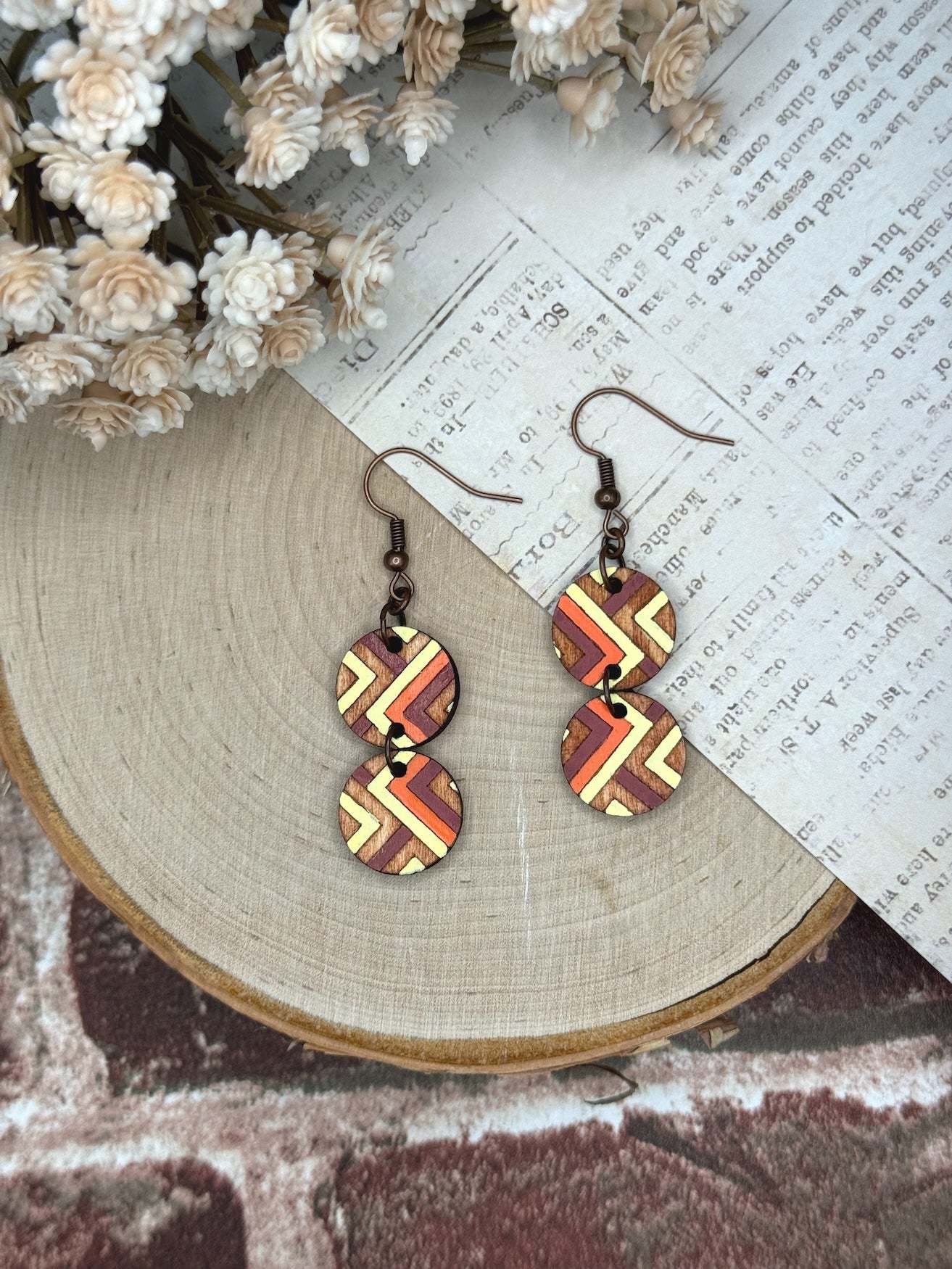 Double Dangle Circular Wooden Earrings