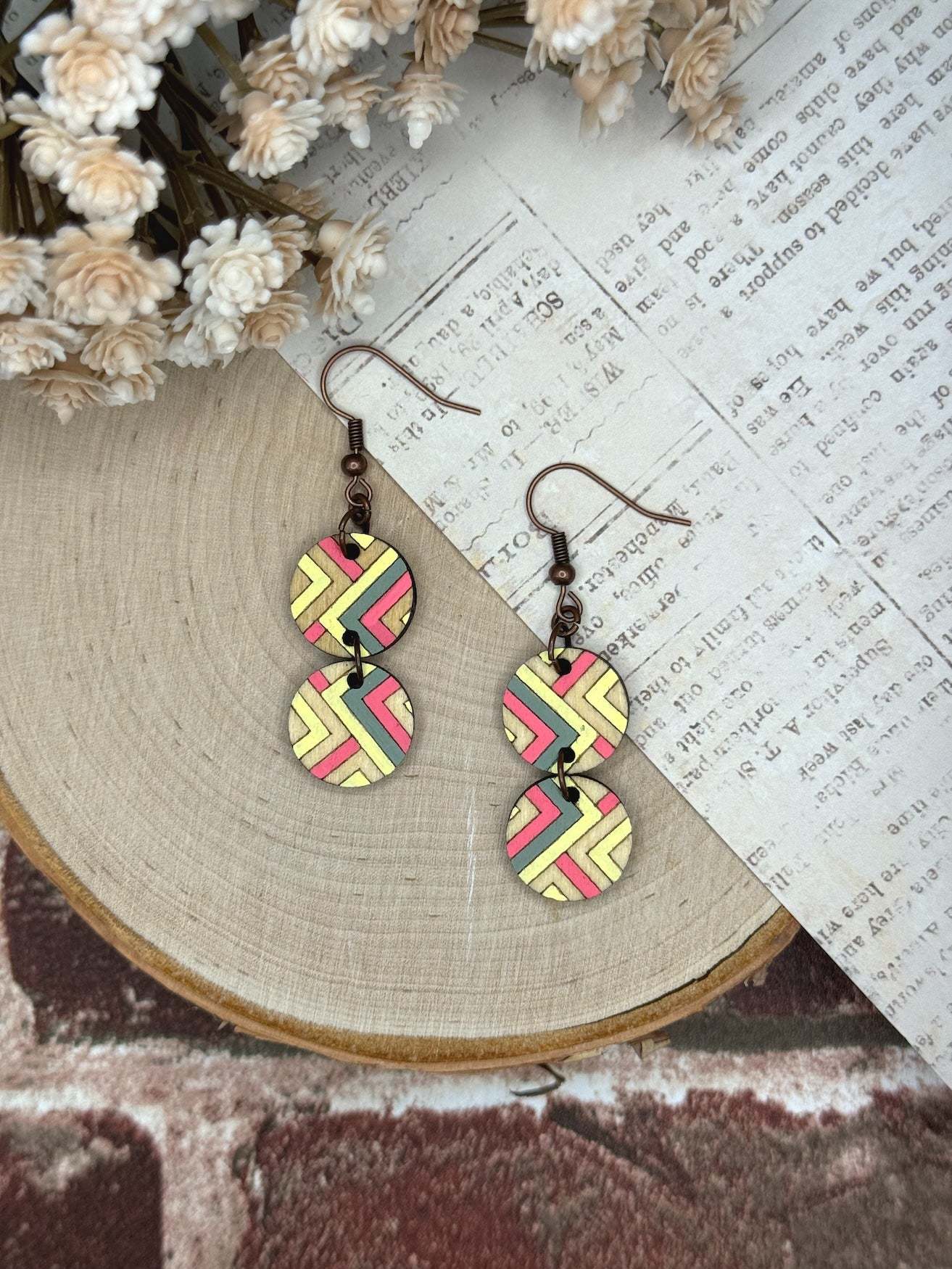 Double Dangle Circular Wooden Earrings