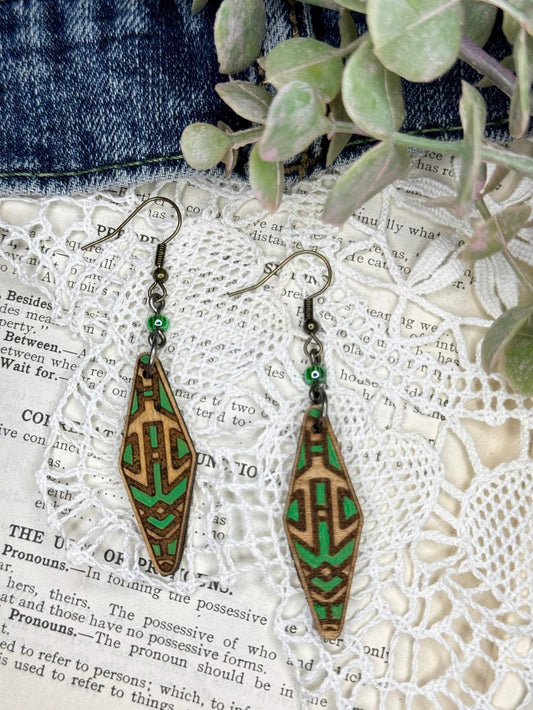 Elongated Diamond Tribal Wood Earrings