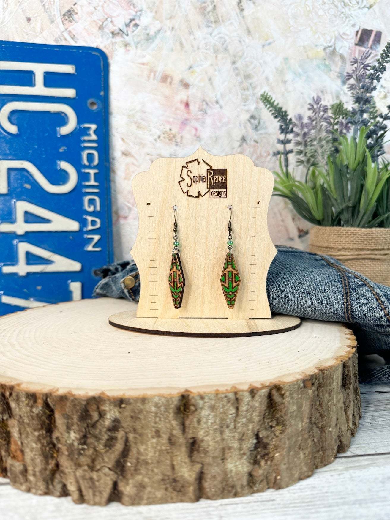 Elongated Diamond Tribal Wood Earrings