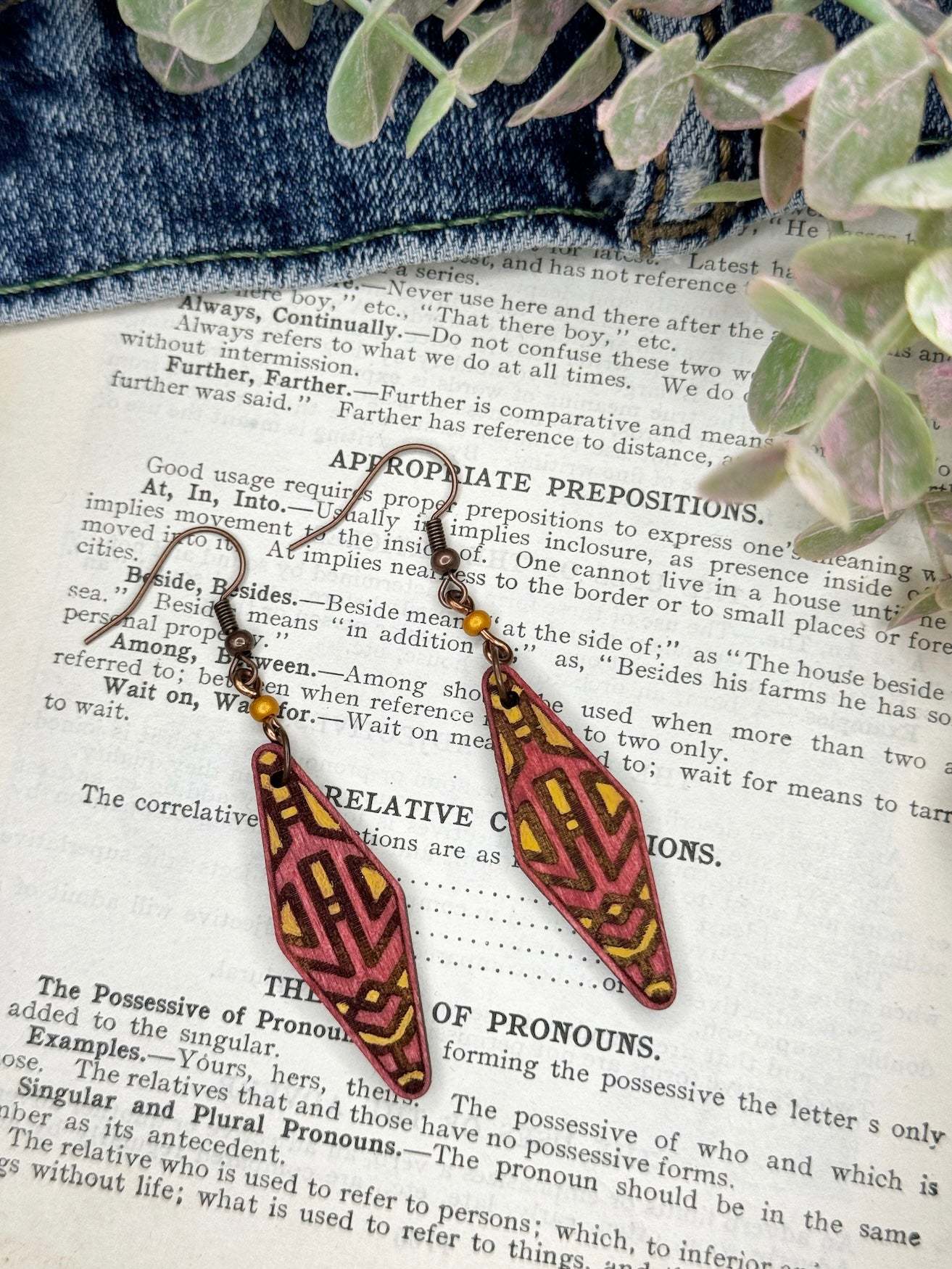 Elongated Diamond Tribal Wood Earrings