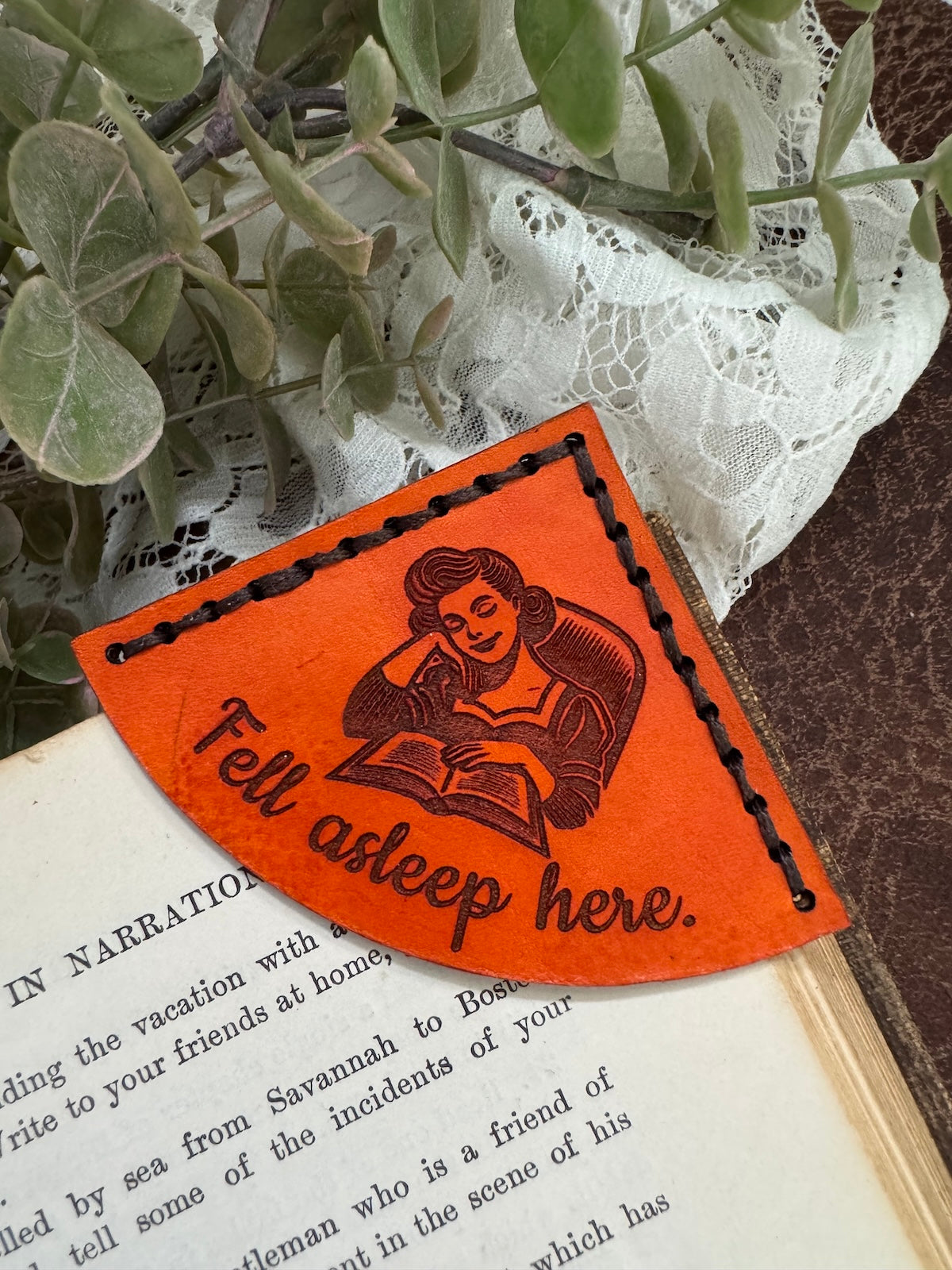Fell Asleep Here Woman Leather Bookmark