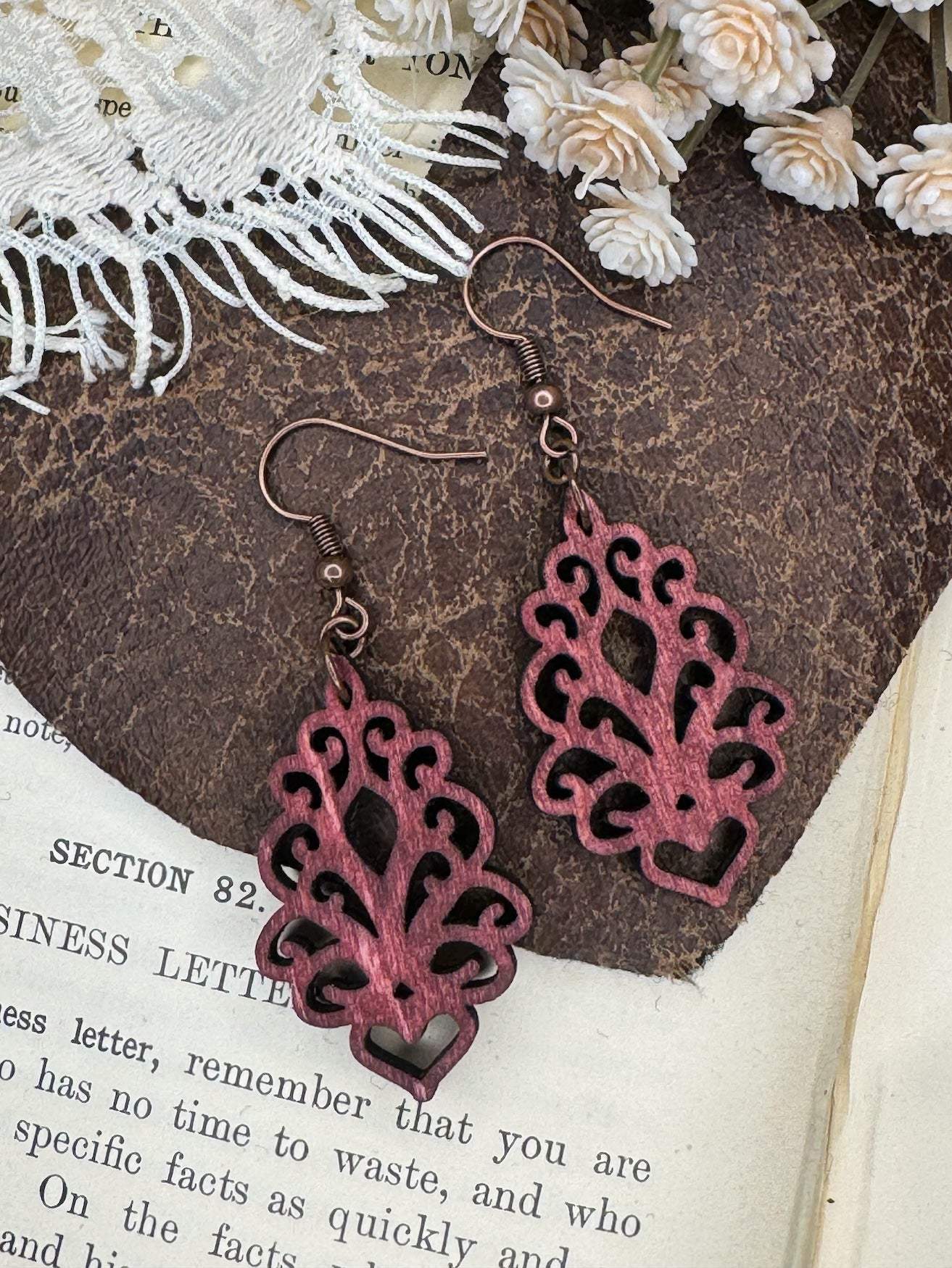 Wooden Earrings | Fleur-de-lis Heart Wooden Earrings | Lightweight