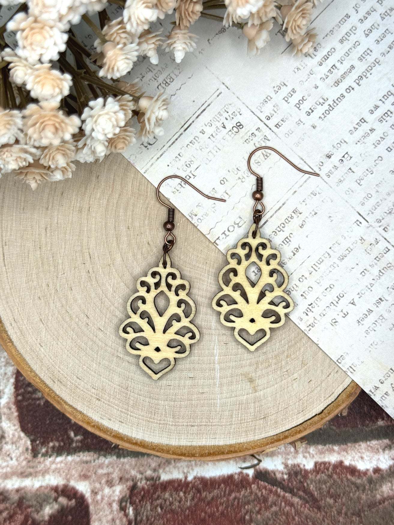 Wooden Earrings | Fleur-de-lis Heart Wooden Earrings | Lightweight