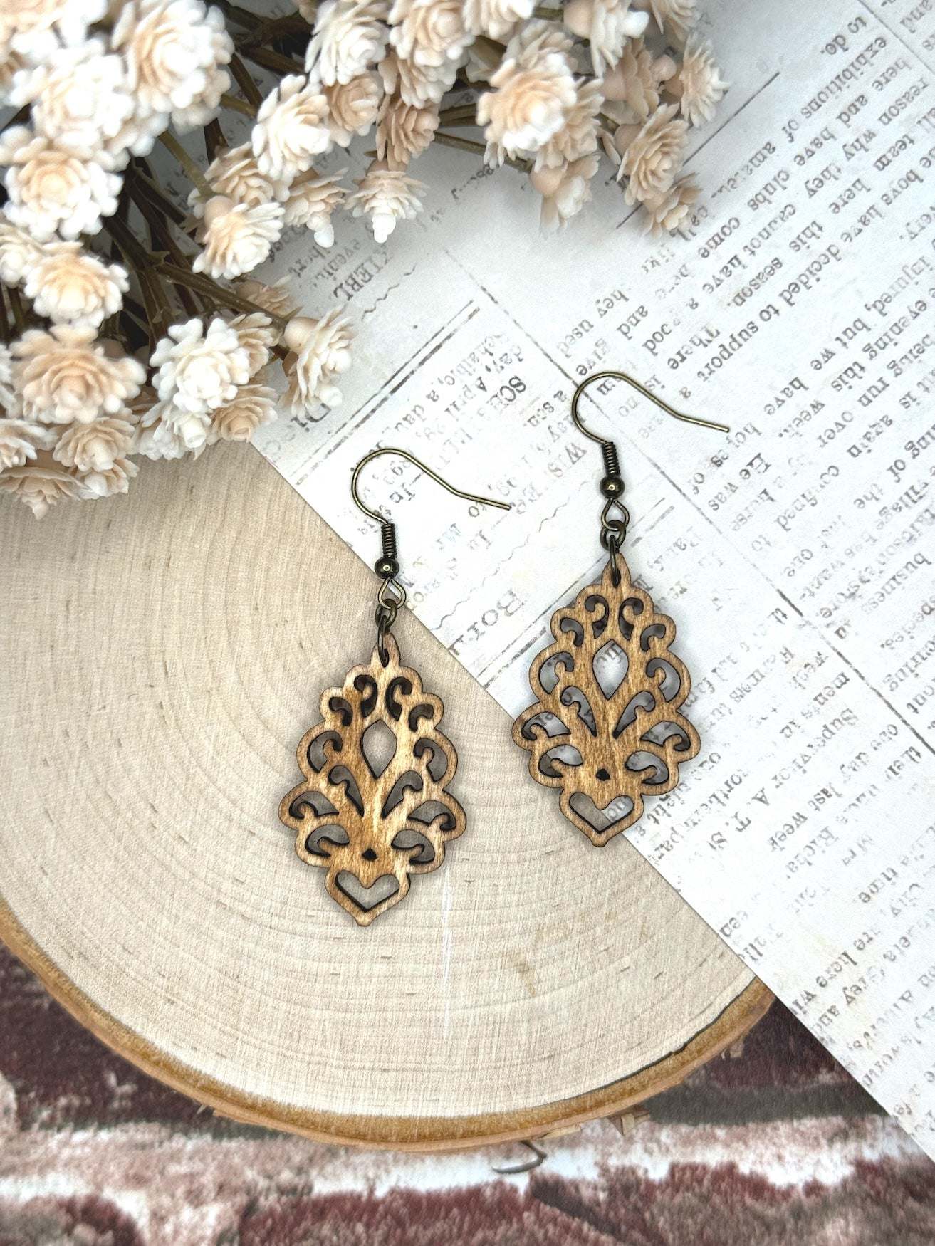 Wooden Earrings | Fleur-de-lis Heart Wooden Earrings | Lightweight