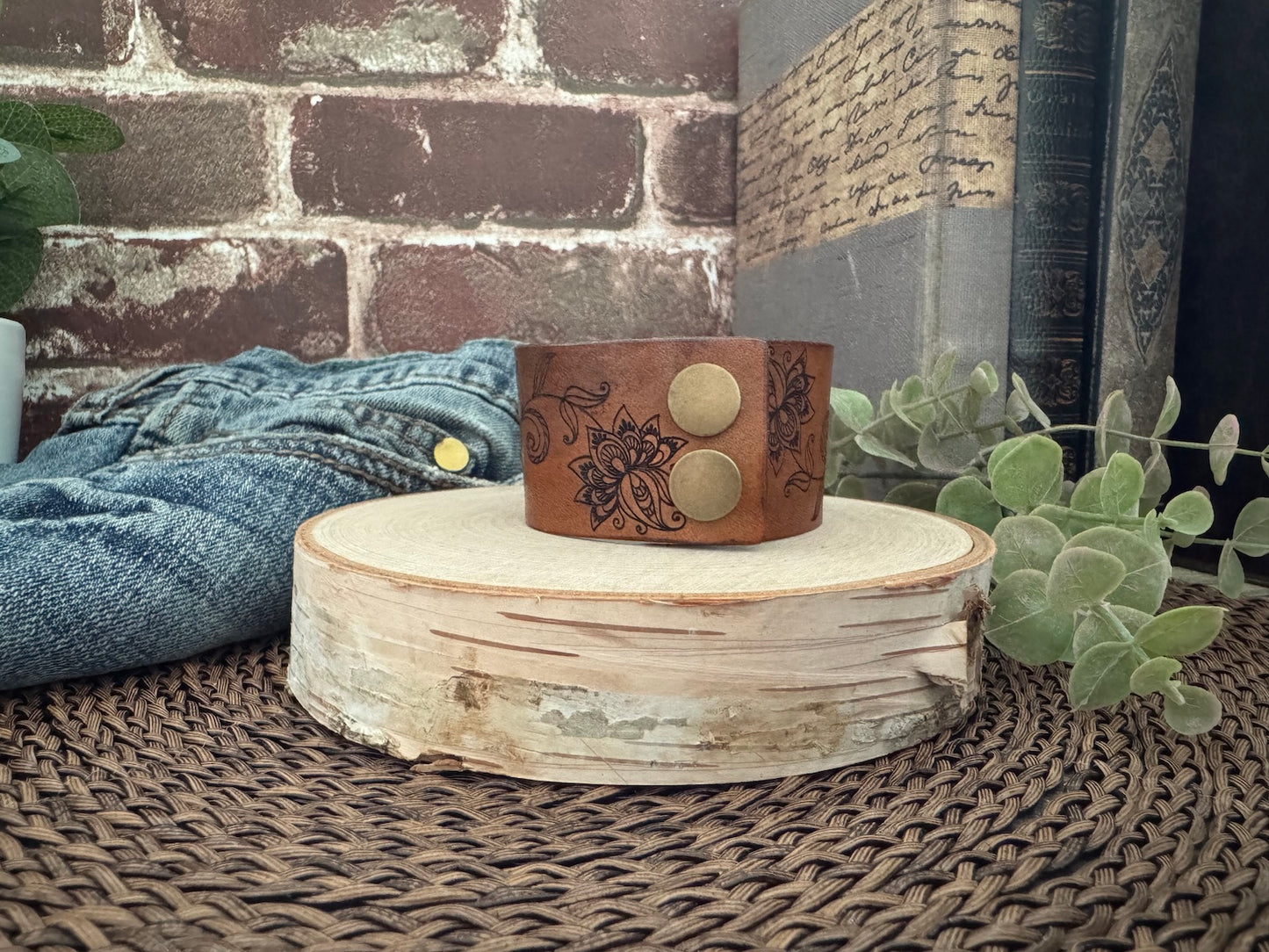 Floral Design Leather Cuff Bracelet