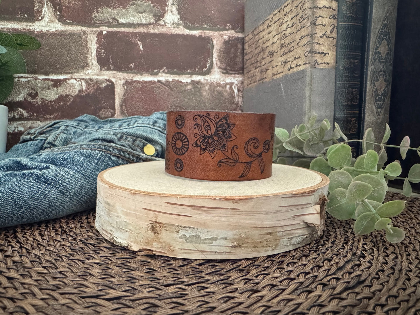 Floral Design Leather Cuff Bracelet