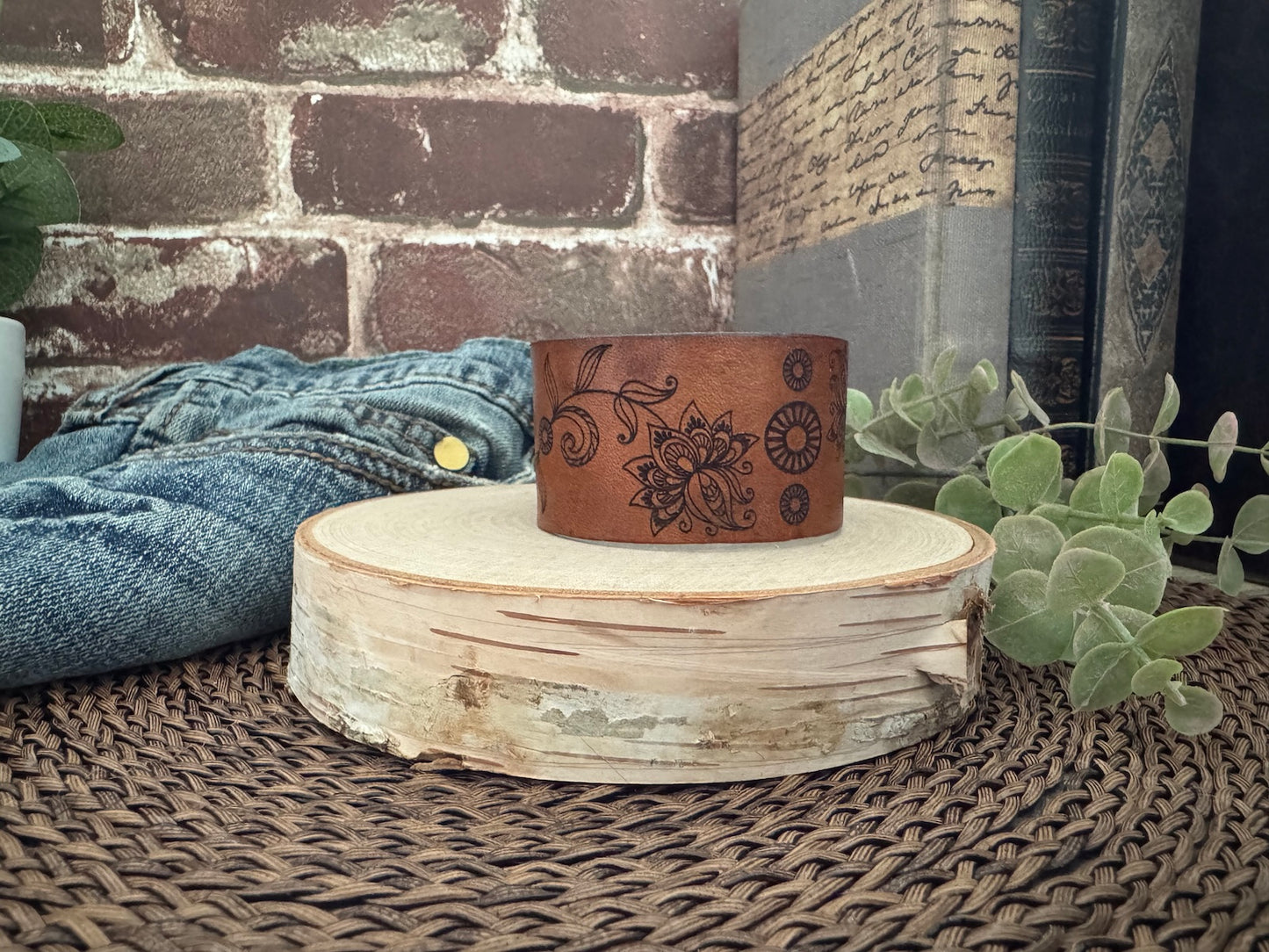 Floral Design Leather Cuff Bracelet