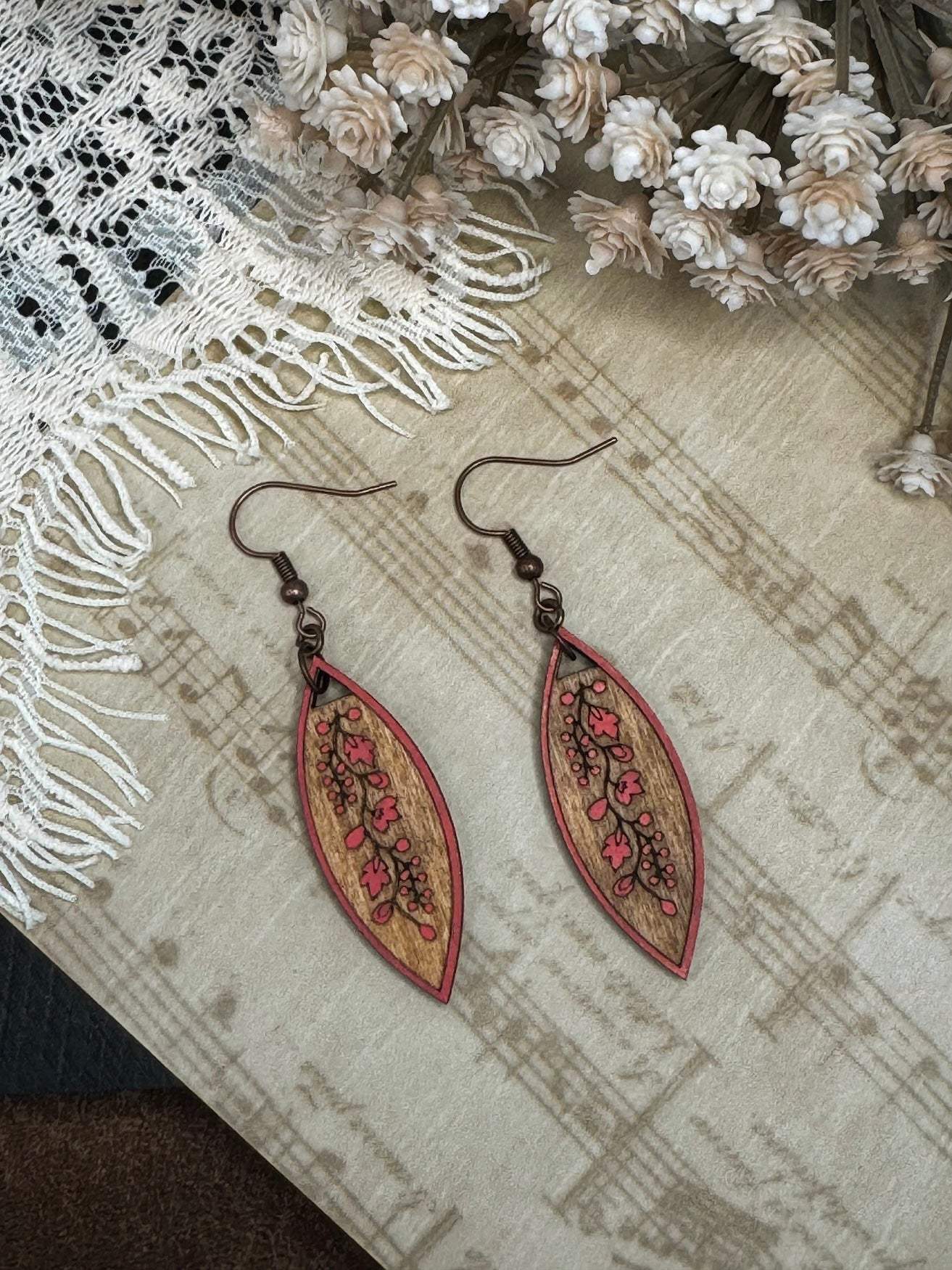 Floral Ellipse Wooden Earrings