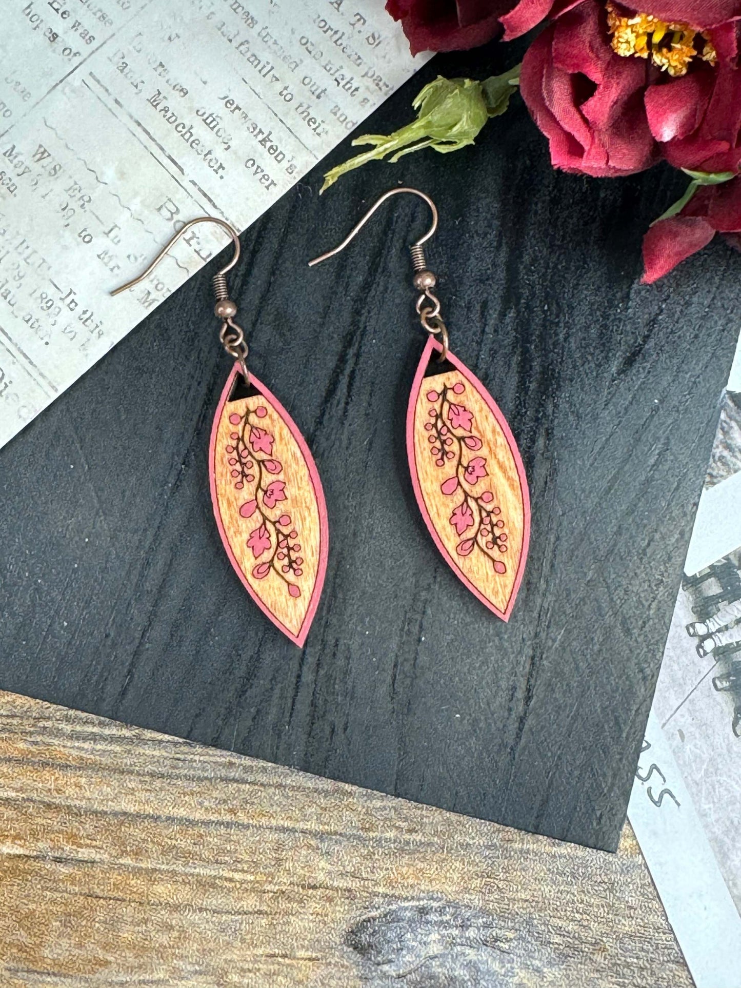 Floral Ellipse Wooden Earrings