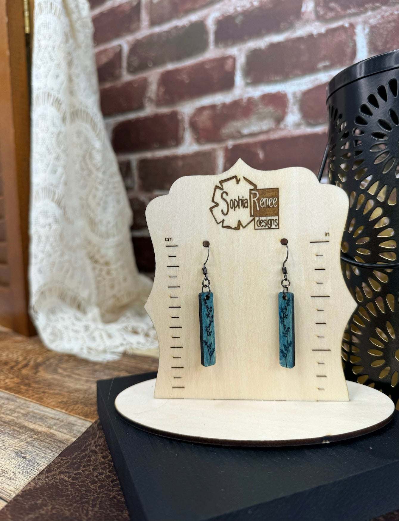 Floral Rectangular Wooden Earrings