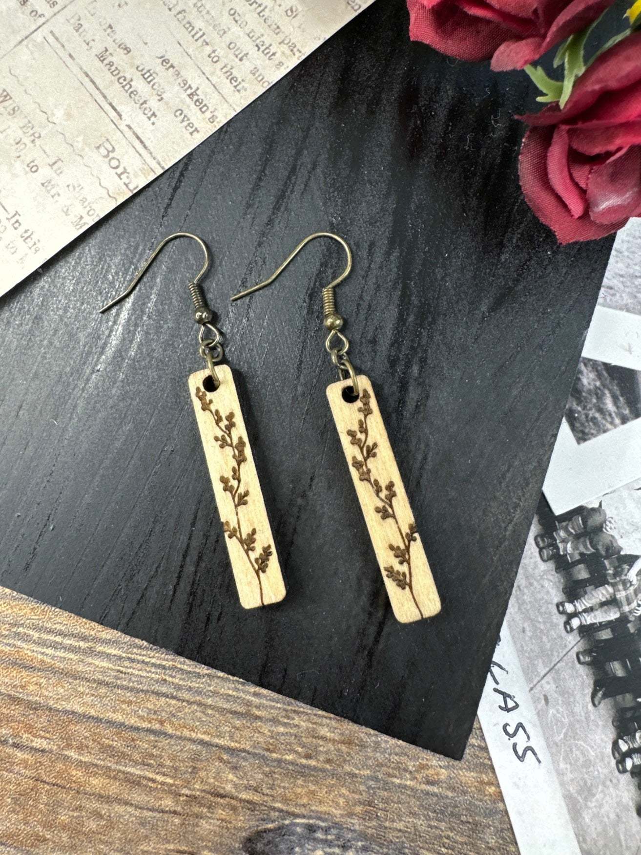 Floral Rectangular Wooden Earrings