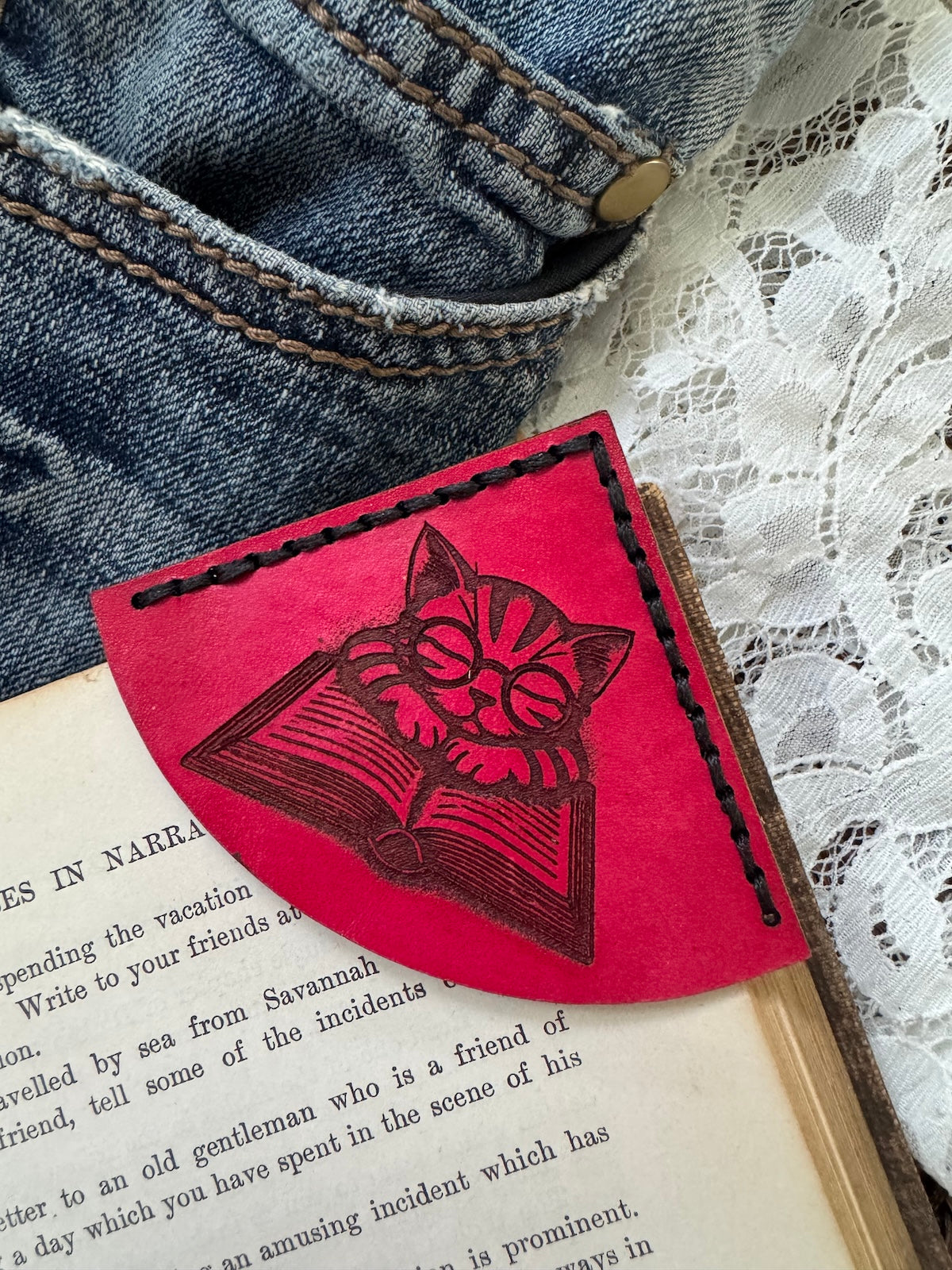 Friendship with a Good Book Leather Bookmark - Cat