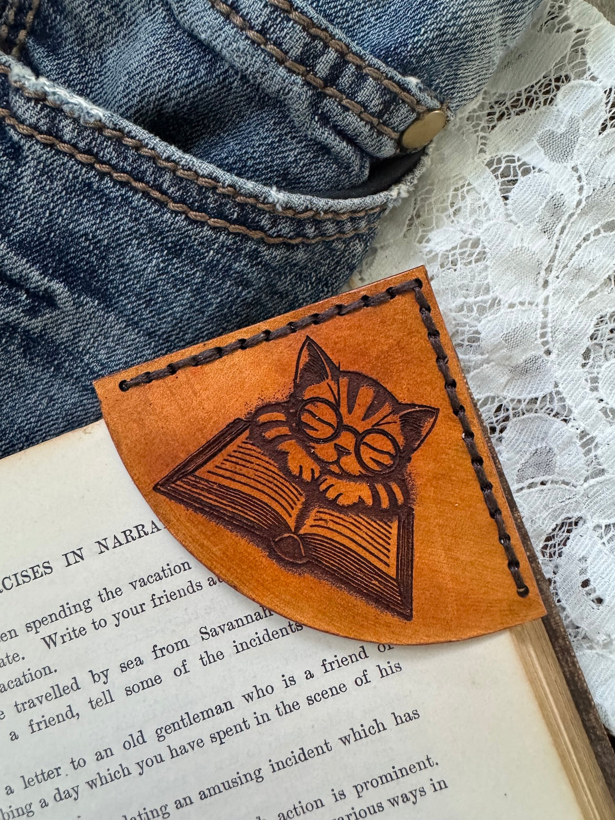 Friendship with a Good Book Leather Bookmark - Cat
