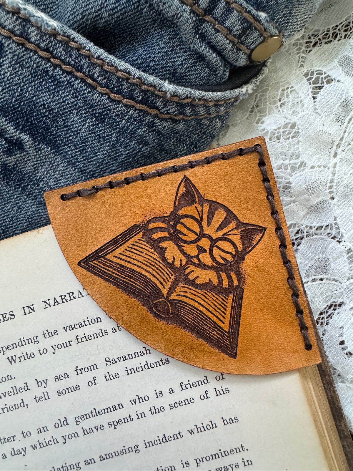 Friendship with a Good Book Leather Bookmark - Cat