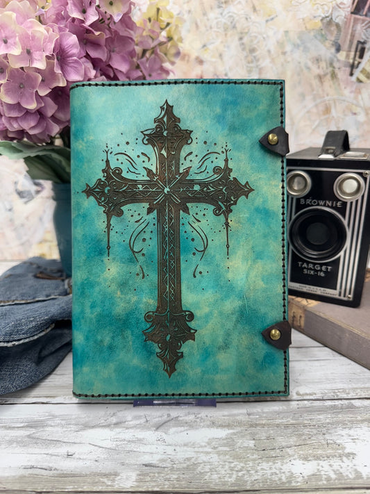 Gothic Cross Leather Notebook – Handcrafted Refillable Journal with Ornate Medieval Design