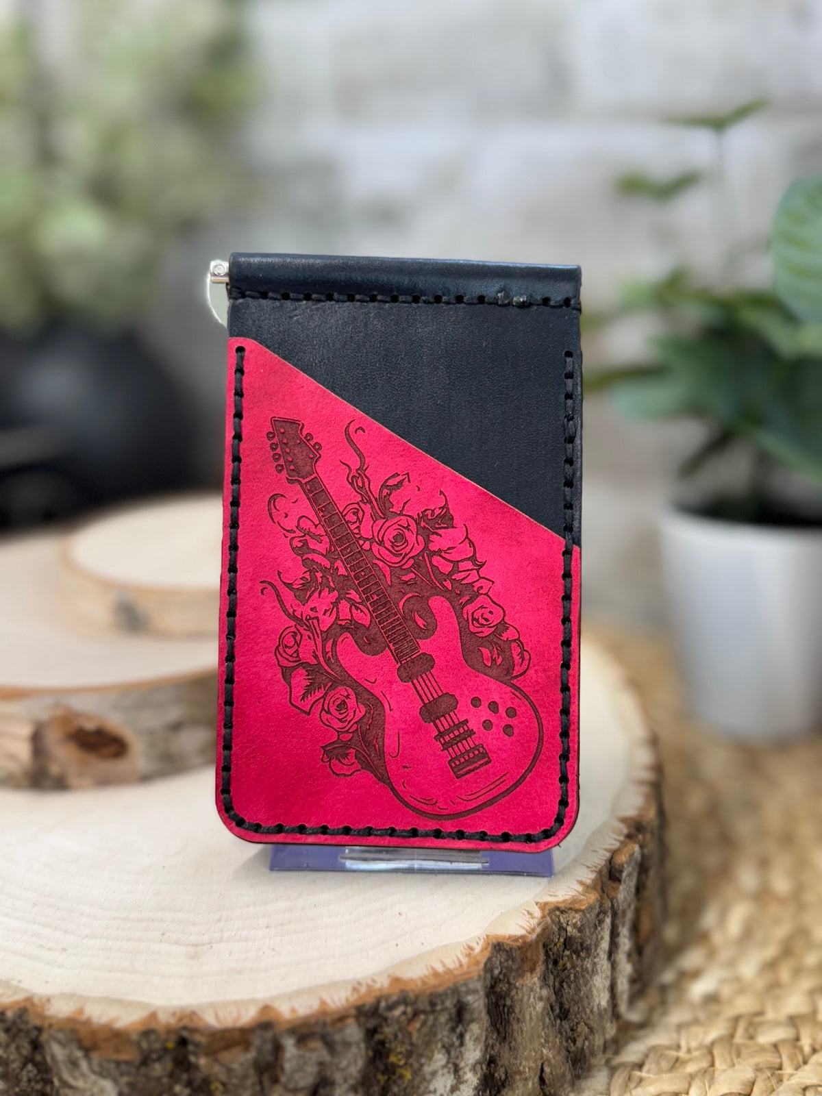 Guitar and Roses Leather Wallet with Money Clip