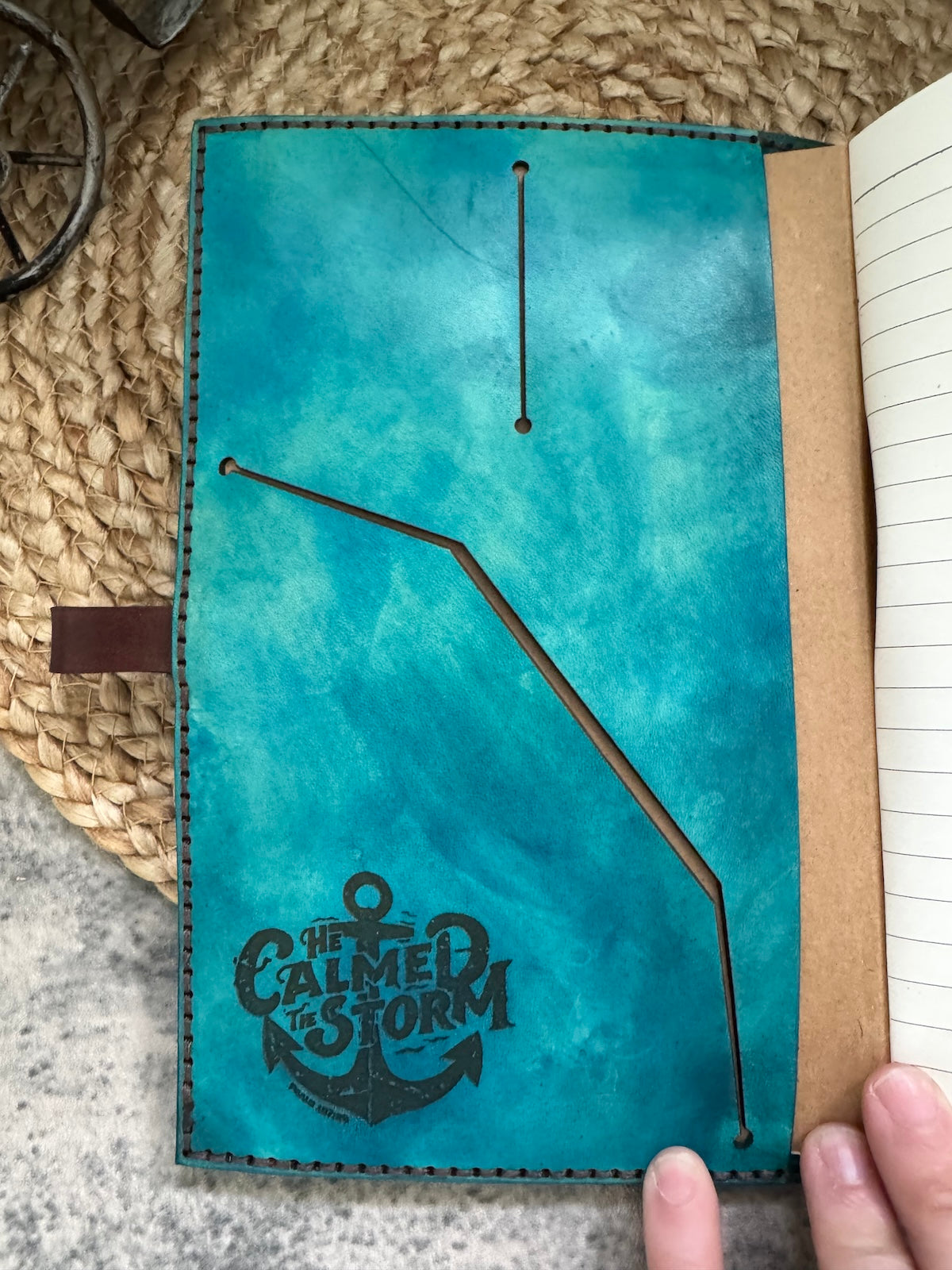 He Calmed the Storm Leather Journal – Tattooed Lighthouse & Storm Design