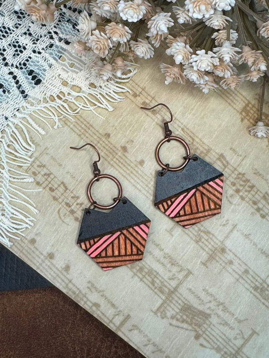 Hexagon Cut Out Wooden Earrings