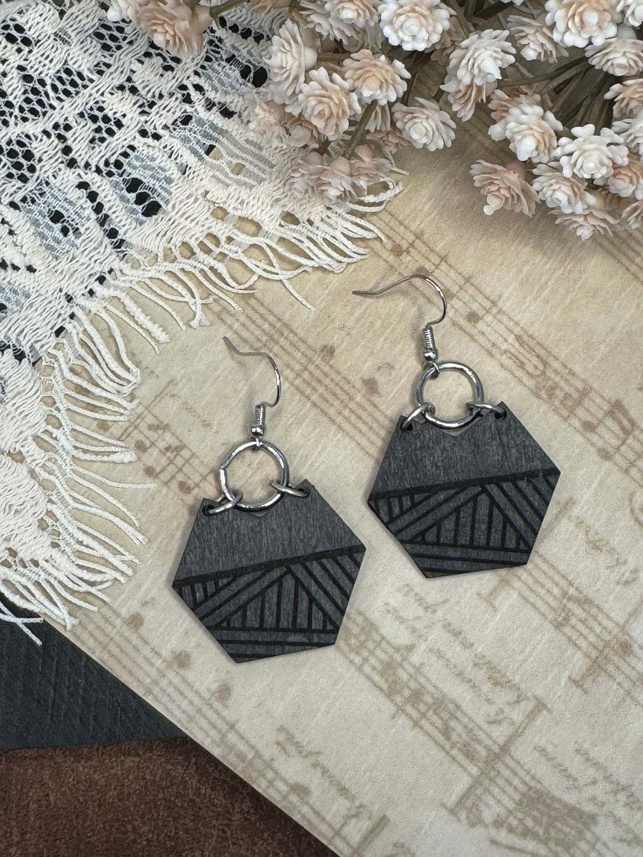 Hexagon Cut Out Wooden Earrings