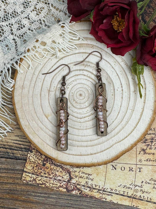 Rectangular Beaded Wire Wrap Wooden Earrings