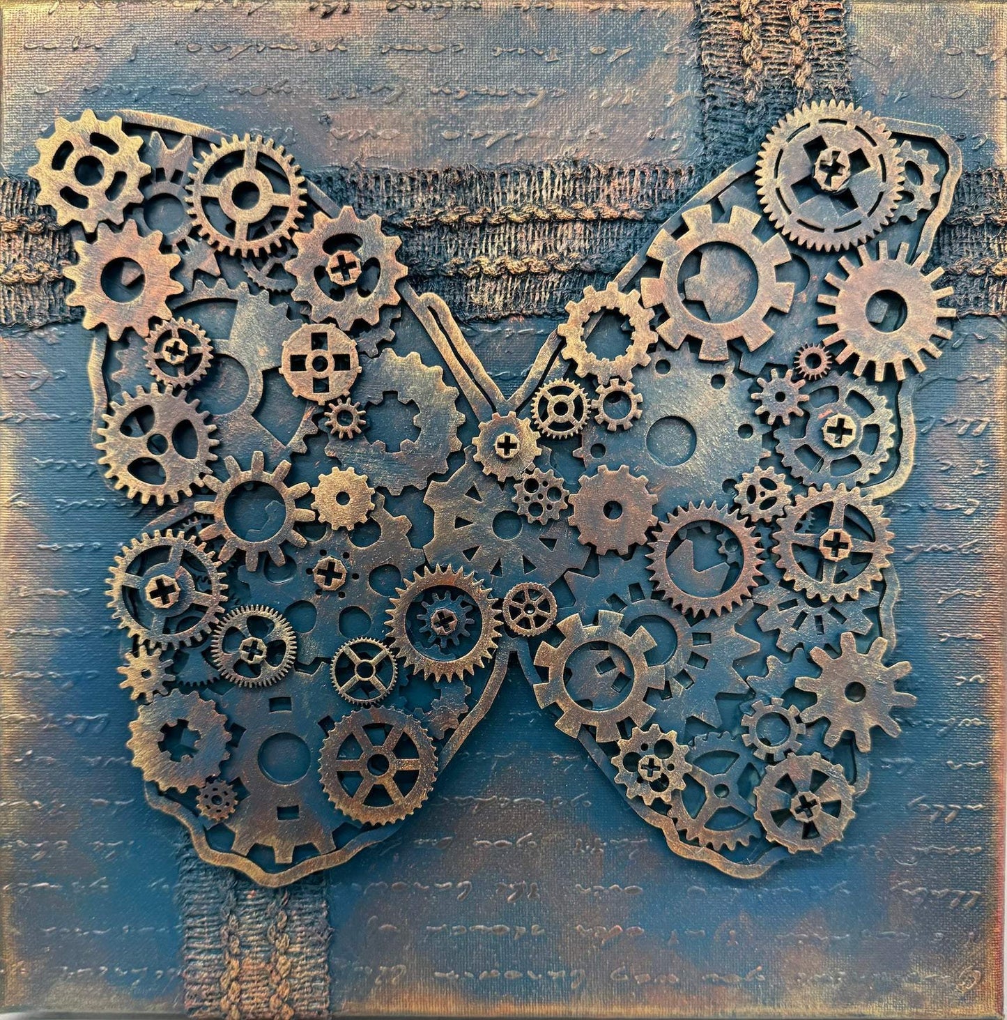 Dark Teal Steampunk Butterfly Mixed Media Art