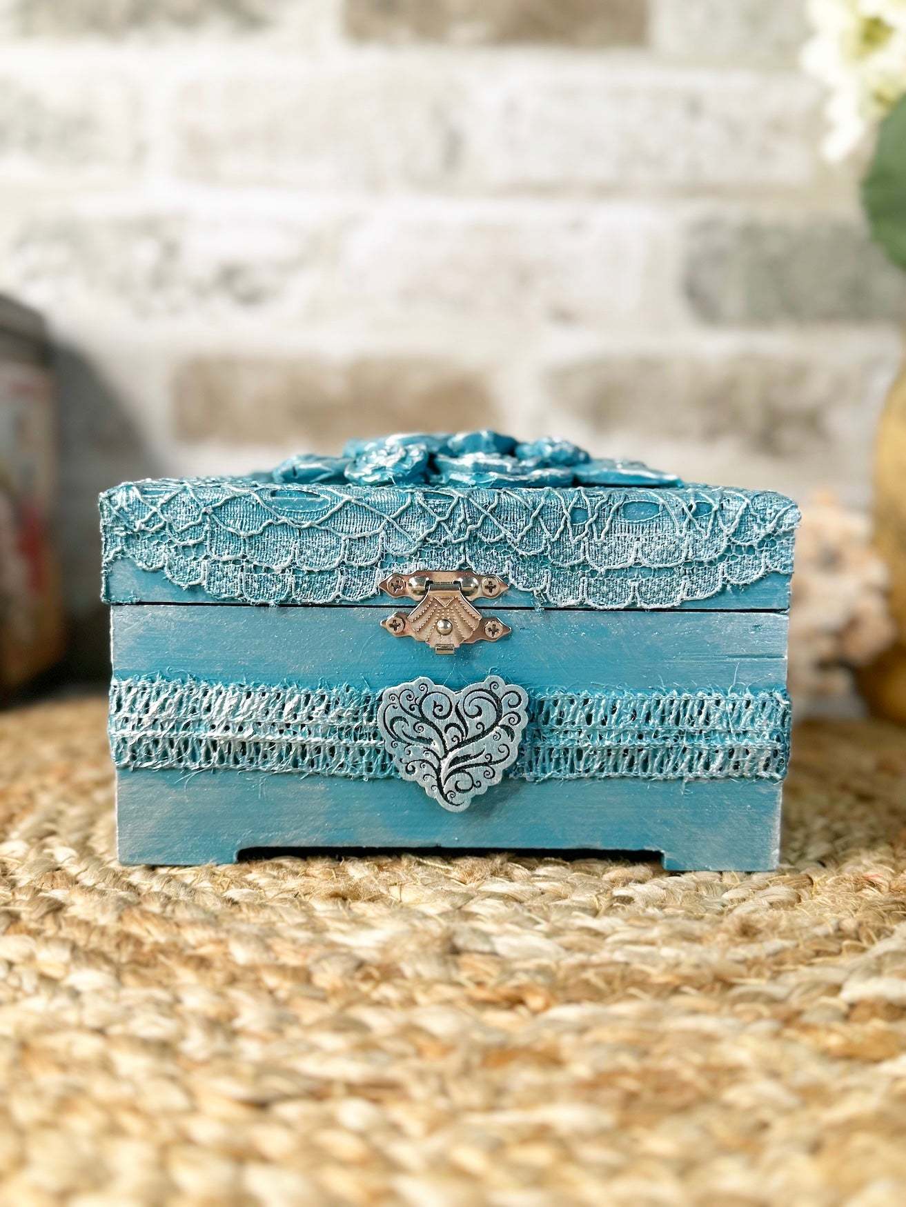 Teal Floral Upcycled Lace Box