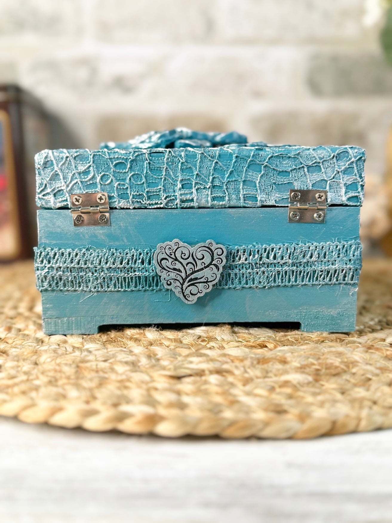 Teal Floral Upcycled Lace Box