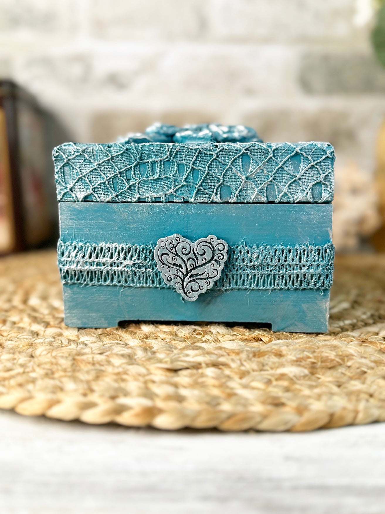 Teal Floral Upcycled Lace Box