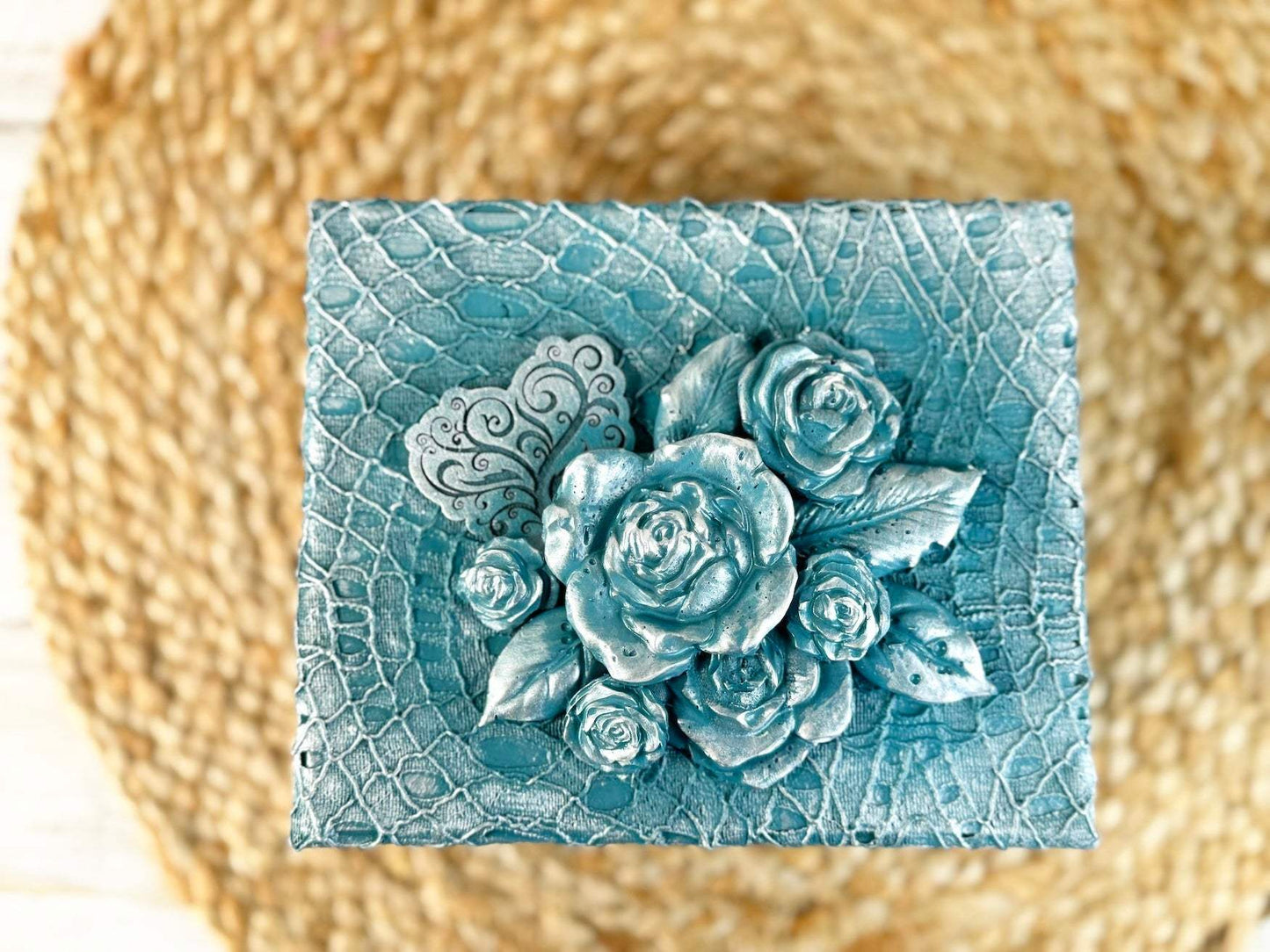 Teal Floral Upcycled Lace Box