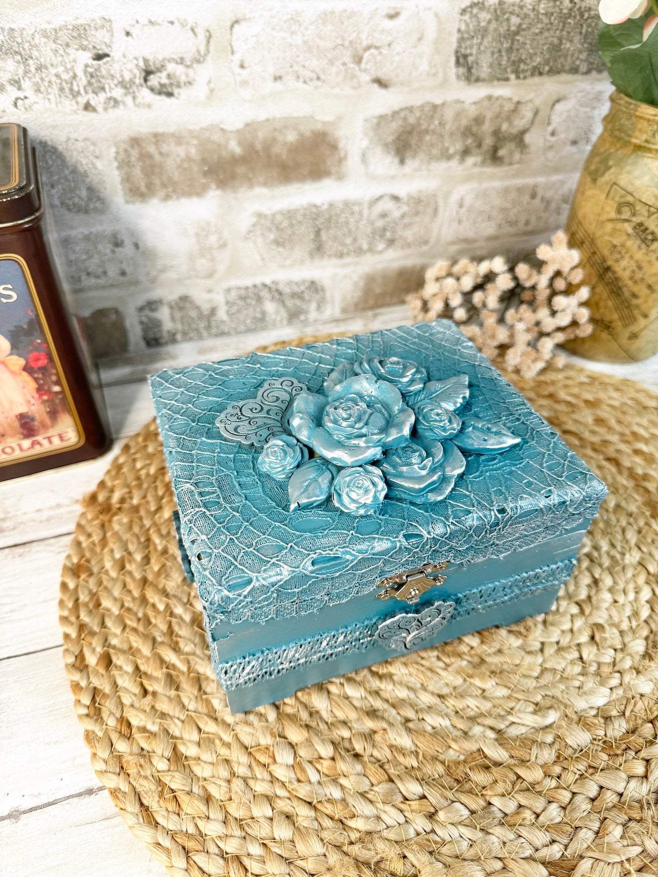 Teal Floral Upcycled Lace Box