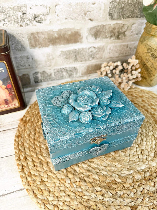 Teal Floral Upcycled Lace Box