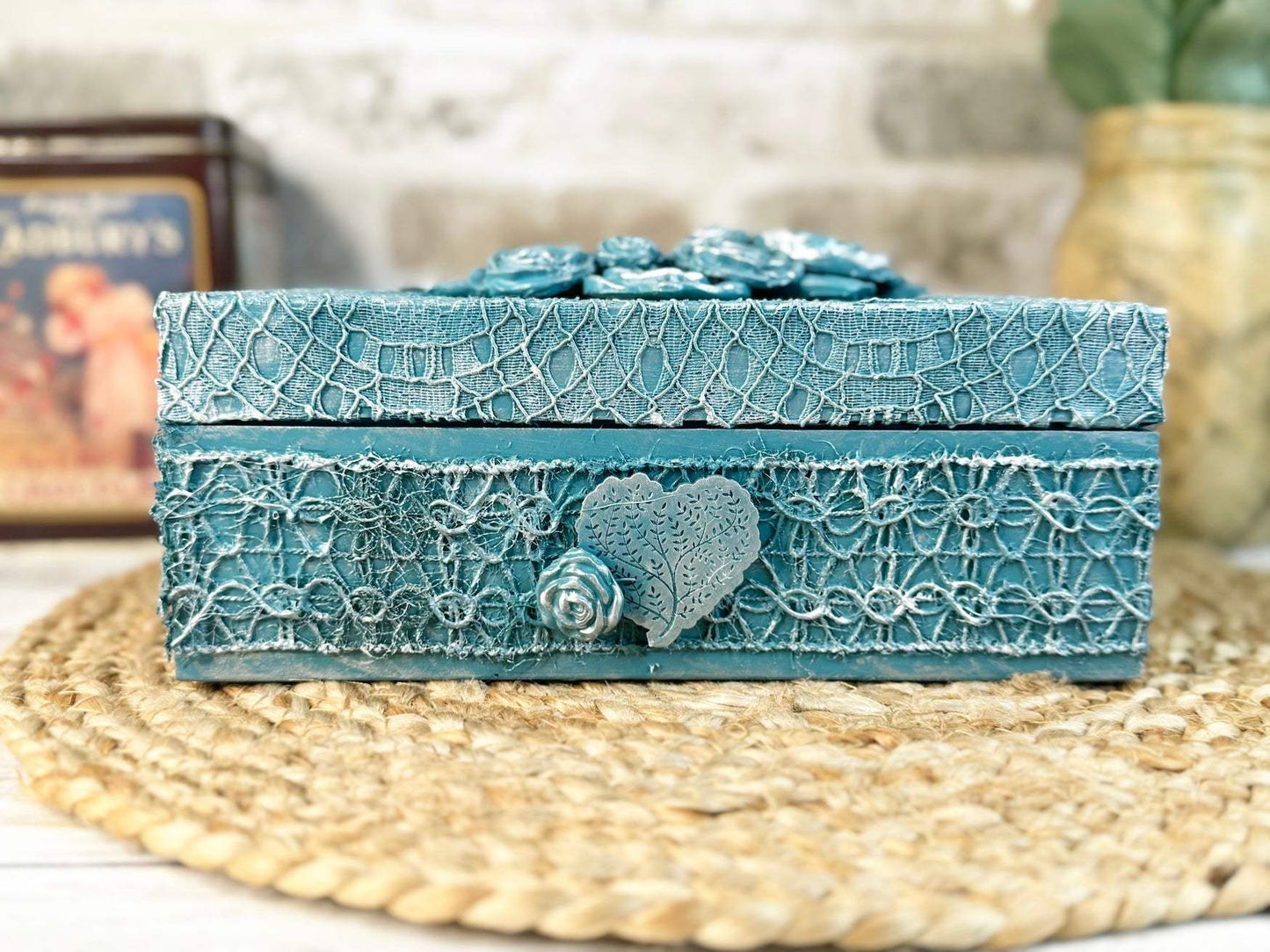 Teal Floral Upcycled Lace Box Plus