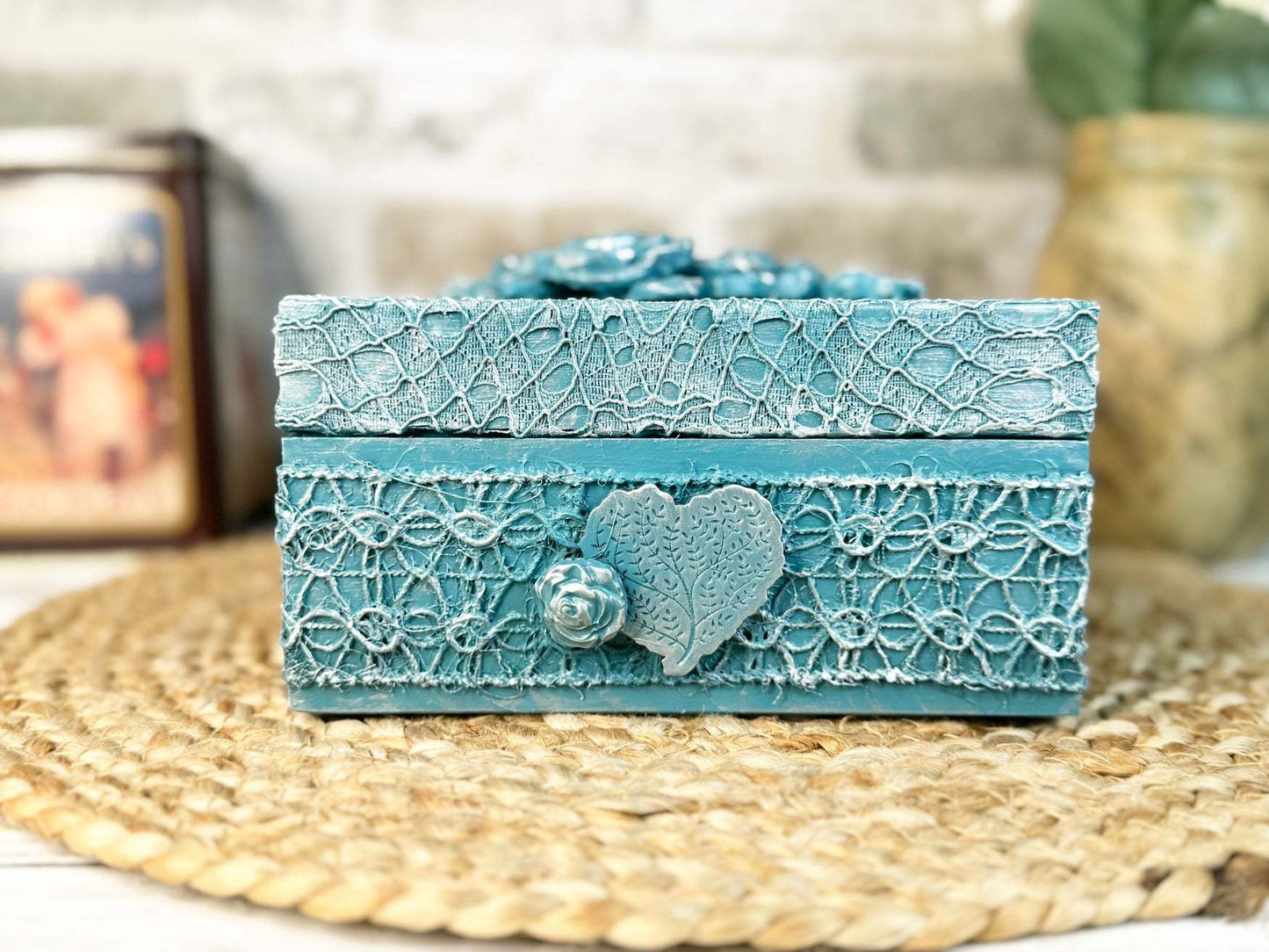 Teal Floral Upcycled Lace Box Plus