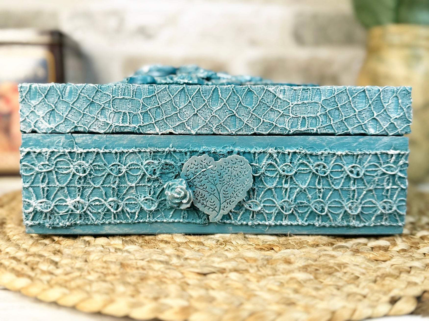 Teal Floral Upcycled Lace Box Plus