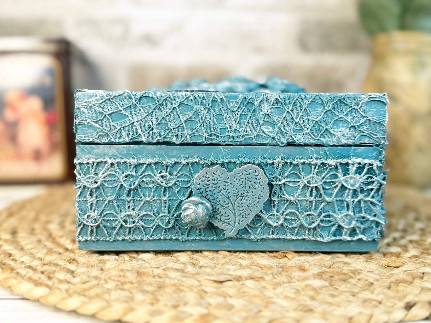 Teal Floral Upcycled Lace Box Plus