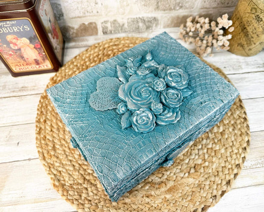 Teal Floral Upcycled Lace Box Plus